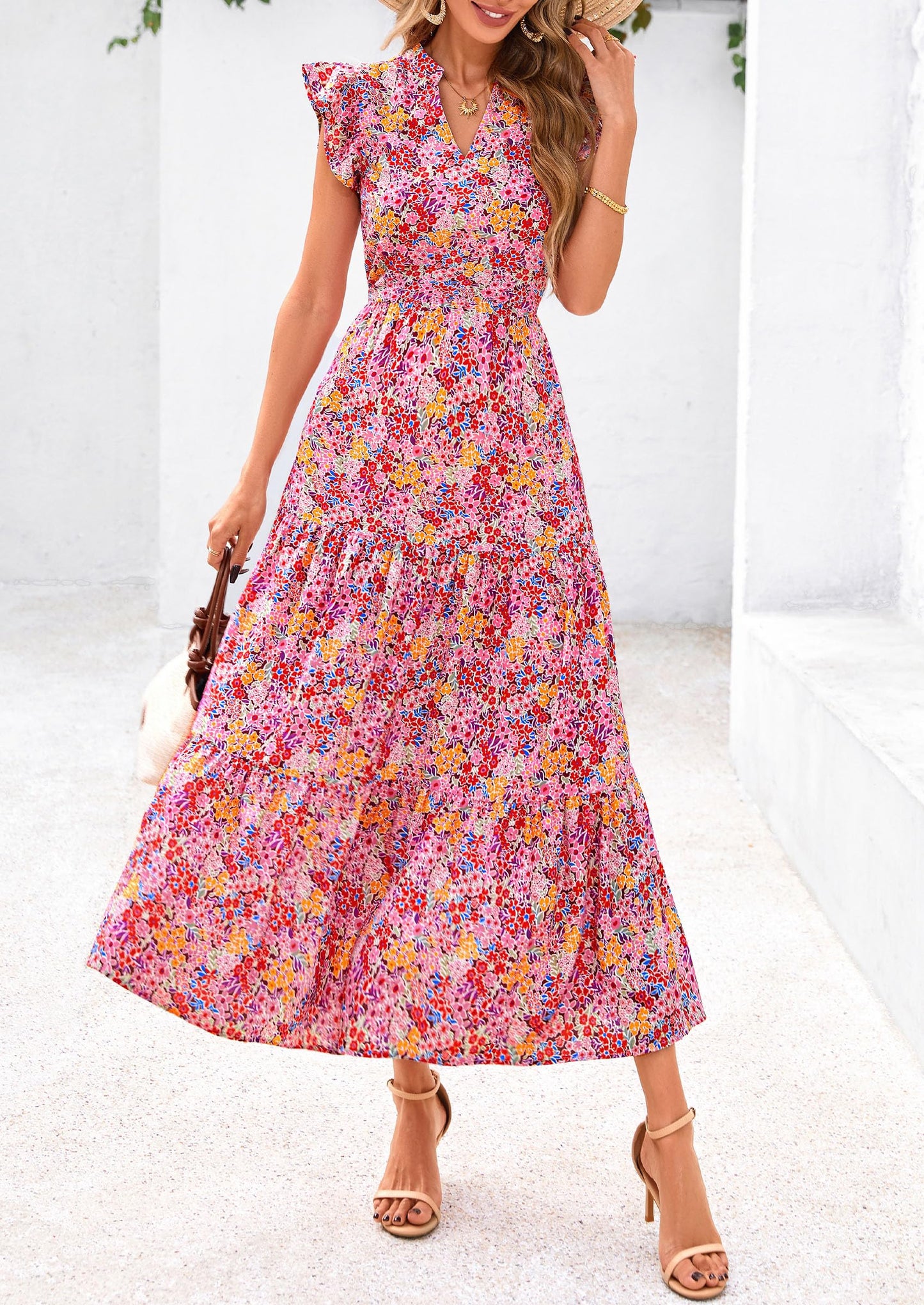Women's Summer Floral Midi Dress Cap Sleeve V Neck Ruffle Long Flowy Boho Casual Beach Vacation Dresses