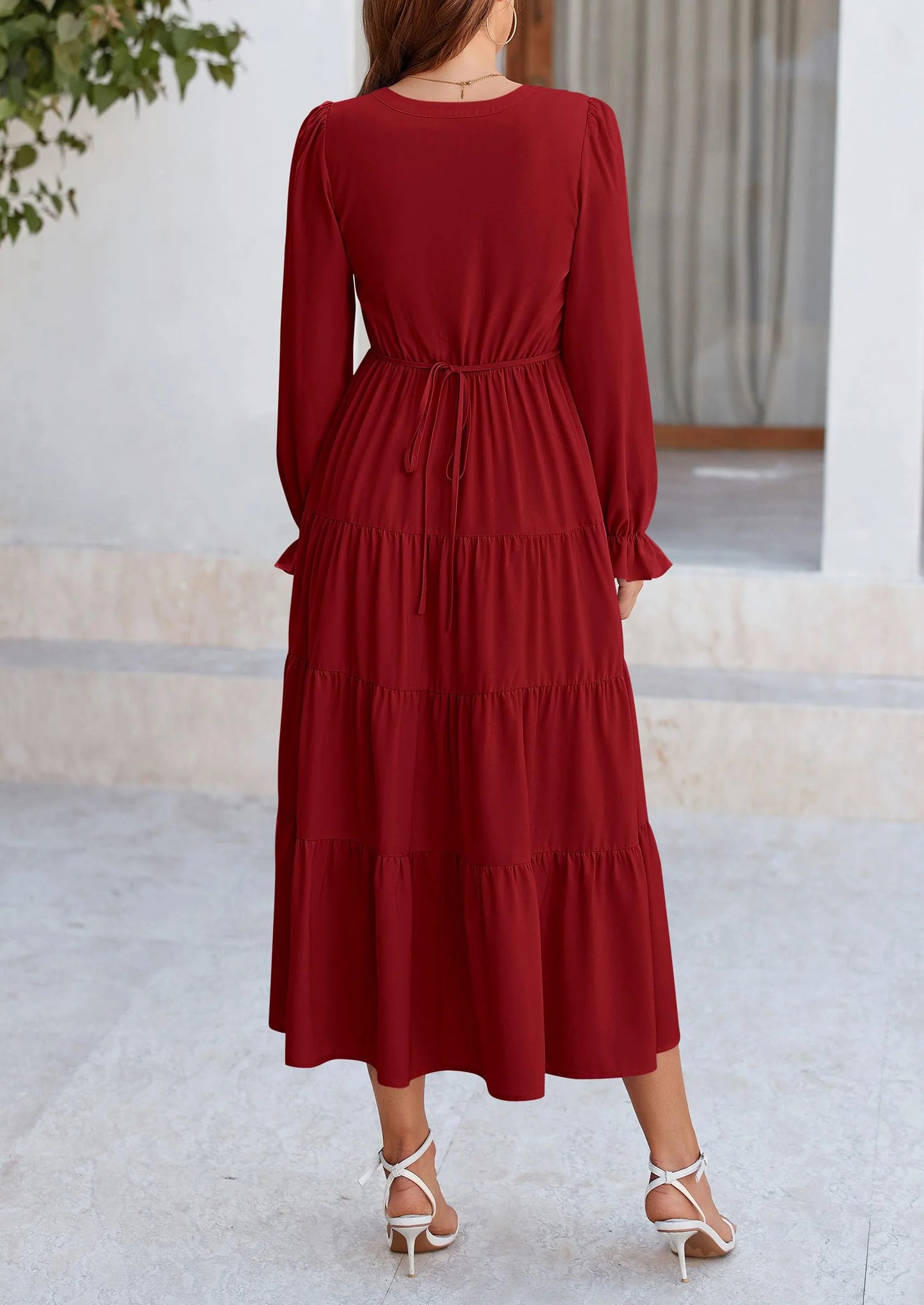 Women Fall Long Sleeve Smocked Maxi Dress Casual Square Neck Swiss Dot Tiered Ruffle Flowy Spring Pocket Dresses