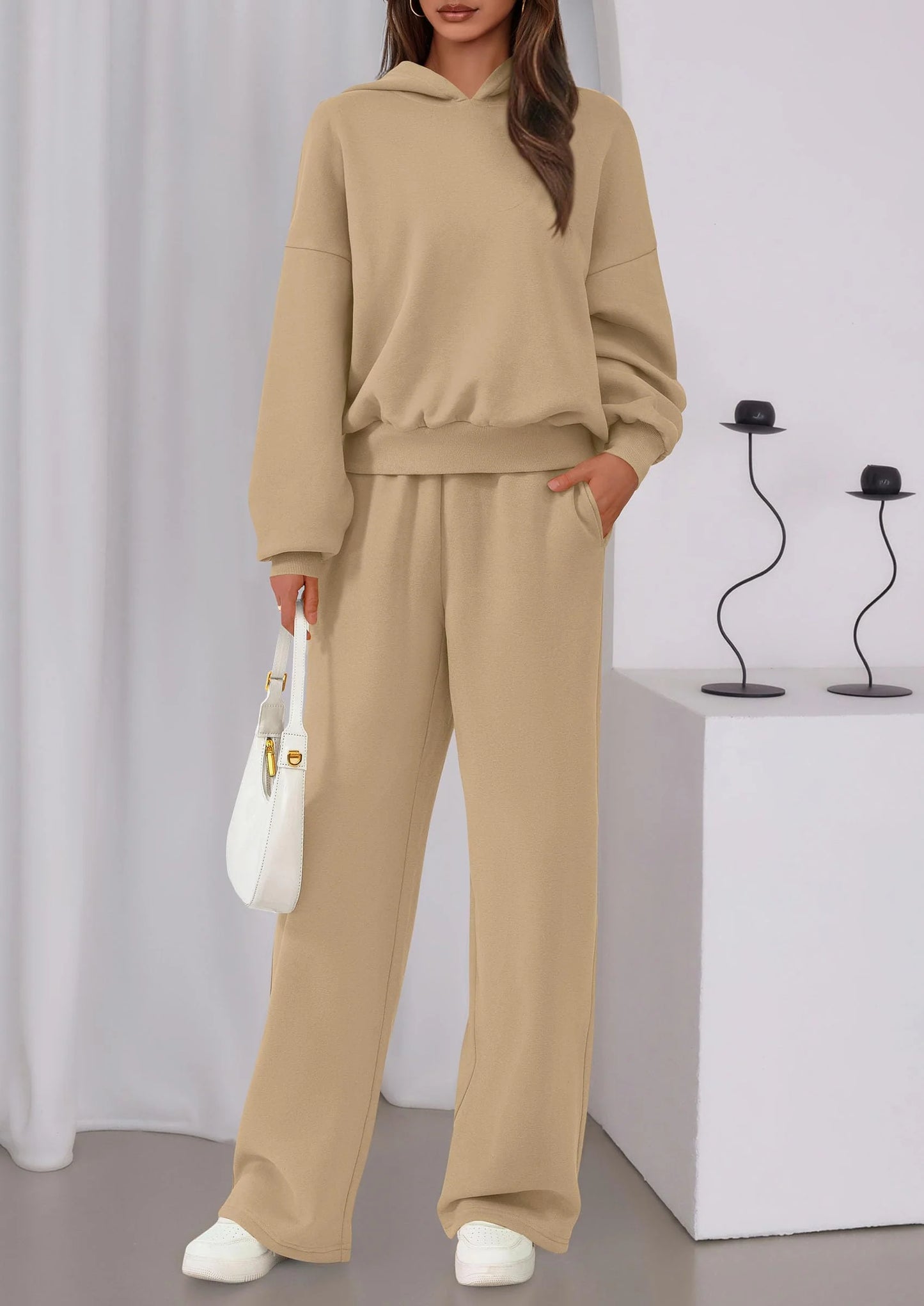 Womens Sweatsuits 2 Piece Set Casual Winter Long Sleeve Hoodie Loose Wide Leg Sweatpants Fall Tracksuit