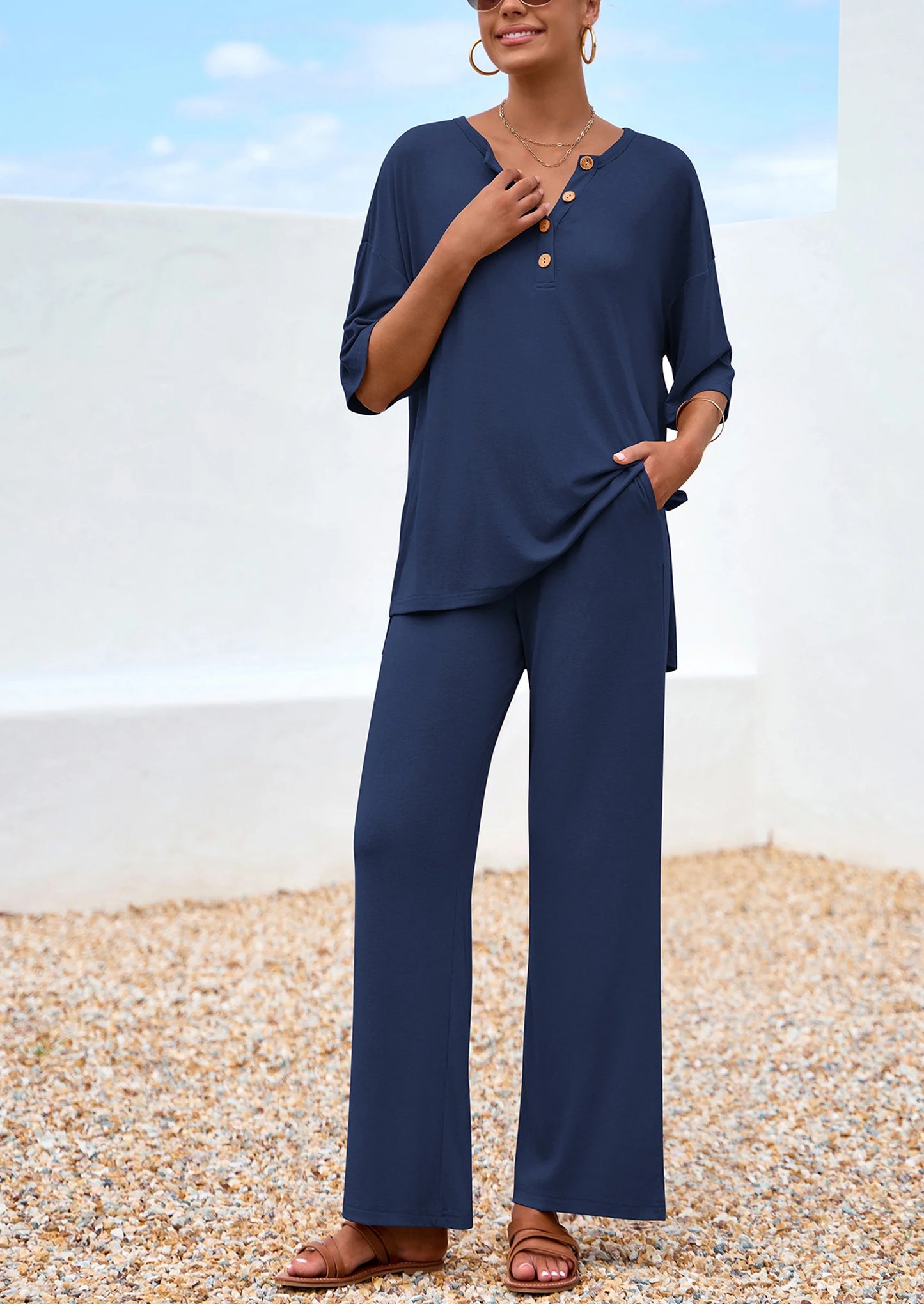 Women's 2 Piece Outfits Summer Casual V Neck Short Sleeve Tops Wide Leg Pants Matching Lounge Sets