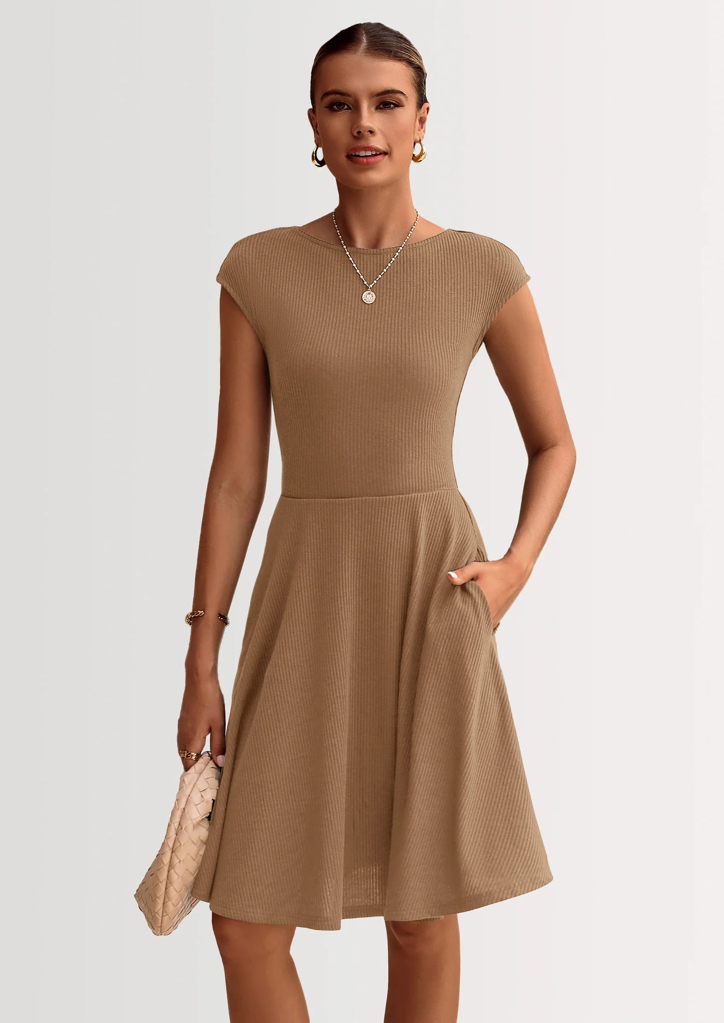 Womens Short Summer Dress Crewneck Cap Sleeve Ribbed Knit Casual Flowy A Line Mini Sundresses with Pockets
