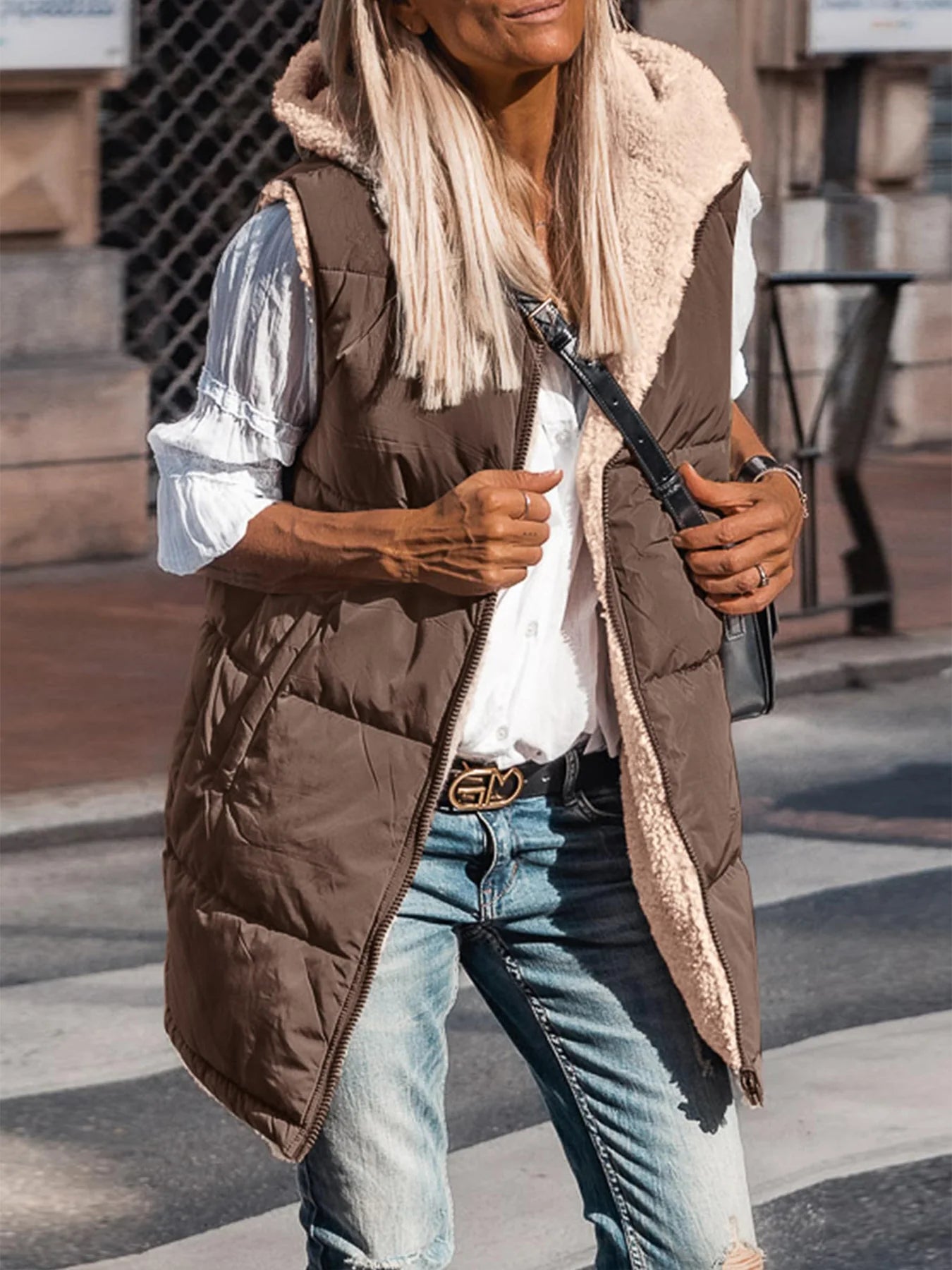 Womens Fall Reversible Vests Sleeveless Fleece Jacket Zip Up Hoodie Pockets Long Warm Winter Coat Outerwear