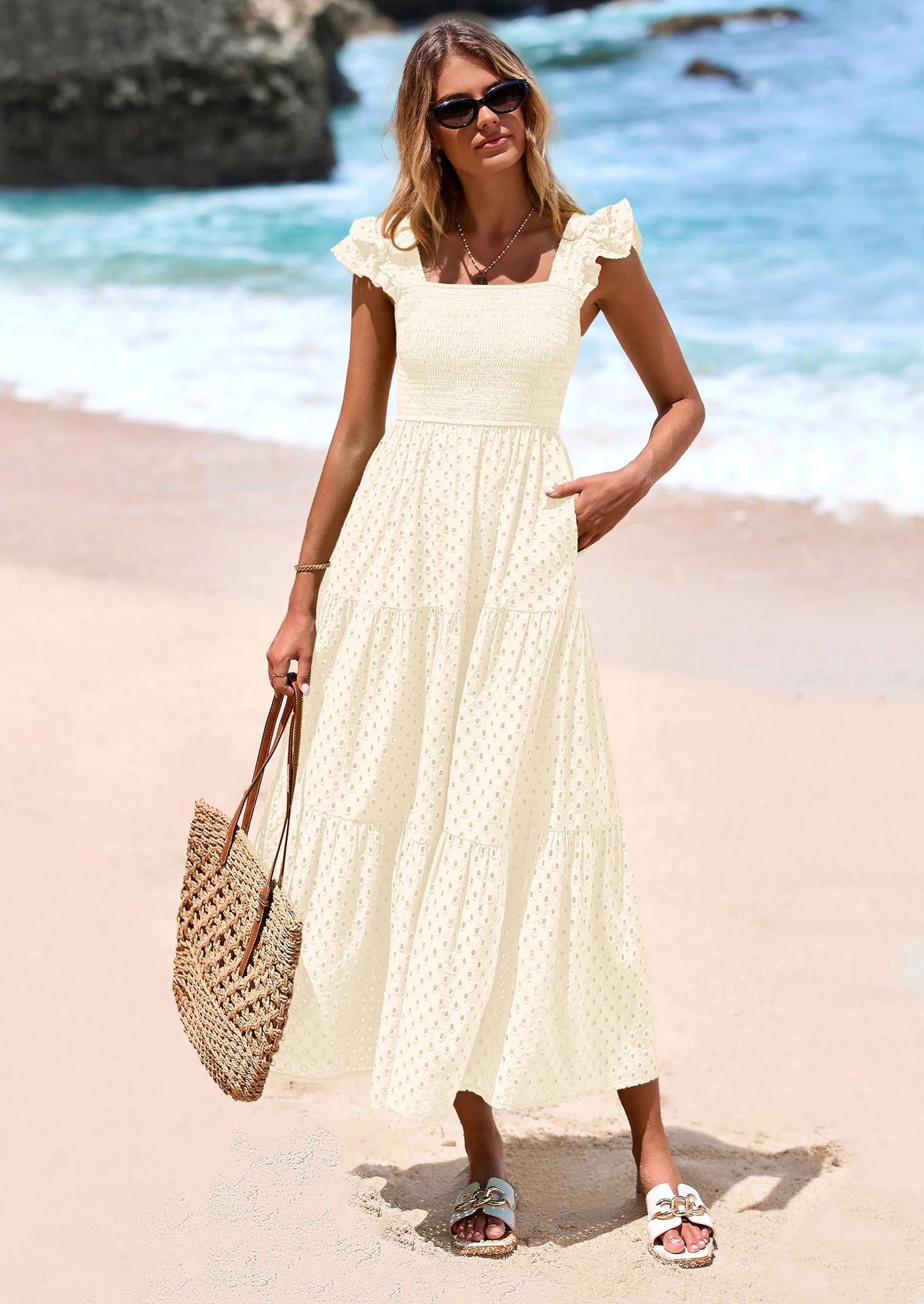 Womens Square Neck Maxi Dresses Cap Sleeve Eyelet Smocked Tiered A Line Flowy Long Dress with Pockets