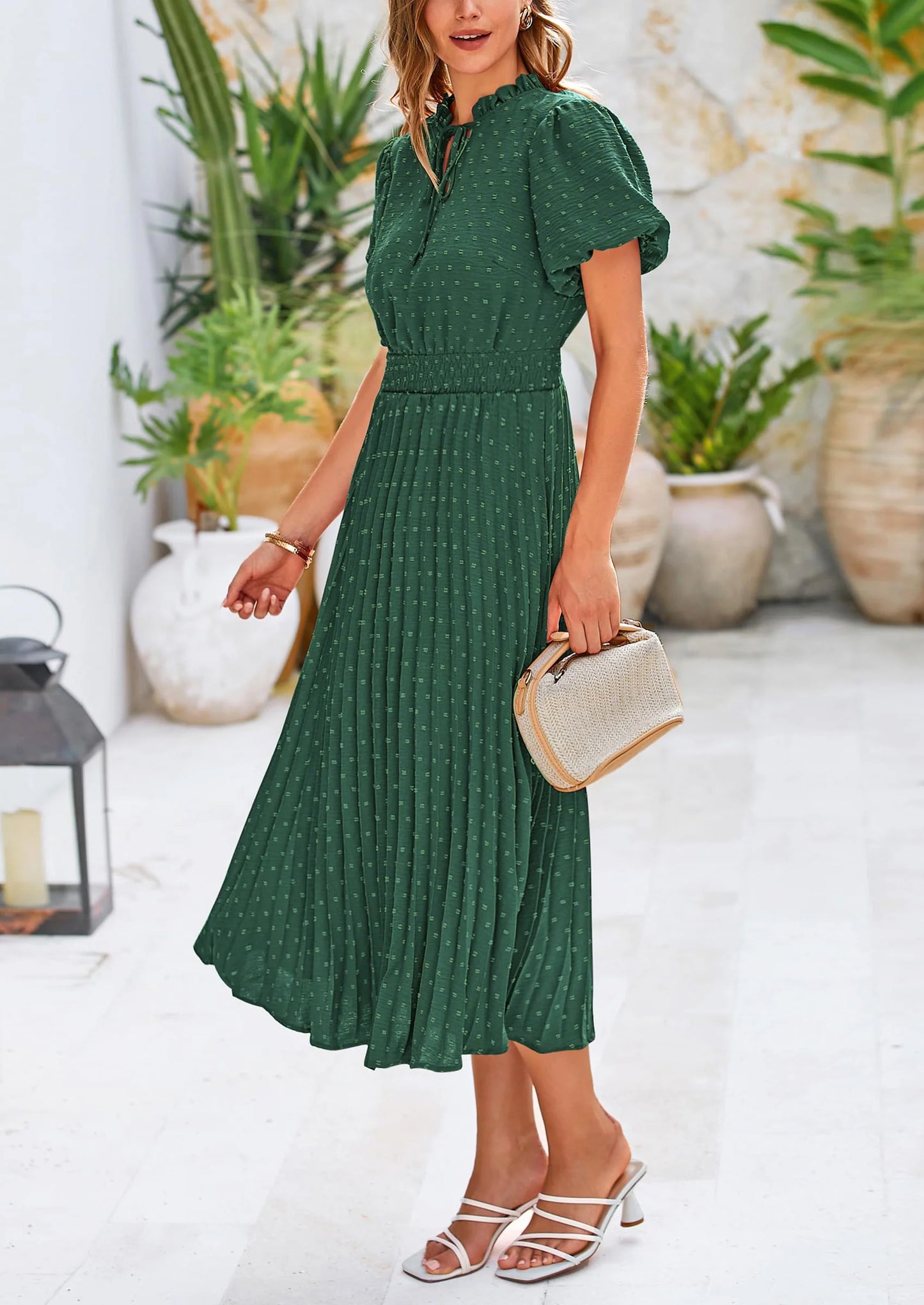 Womens Midi Dresses Puff Short Sleeve V Neck Swiss Dot Pleated A Line Flowy Long Wedding Guest Dress