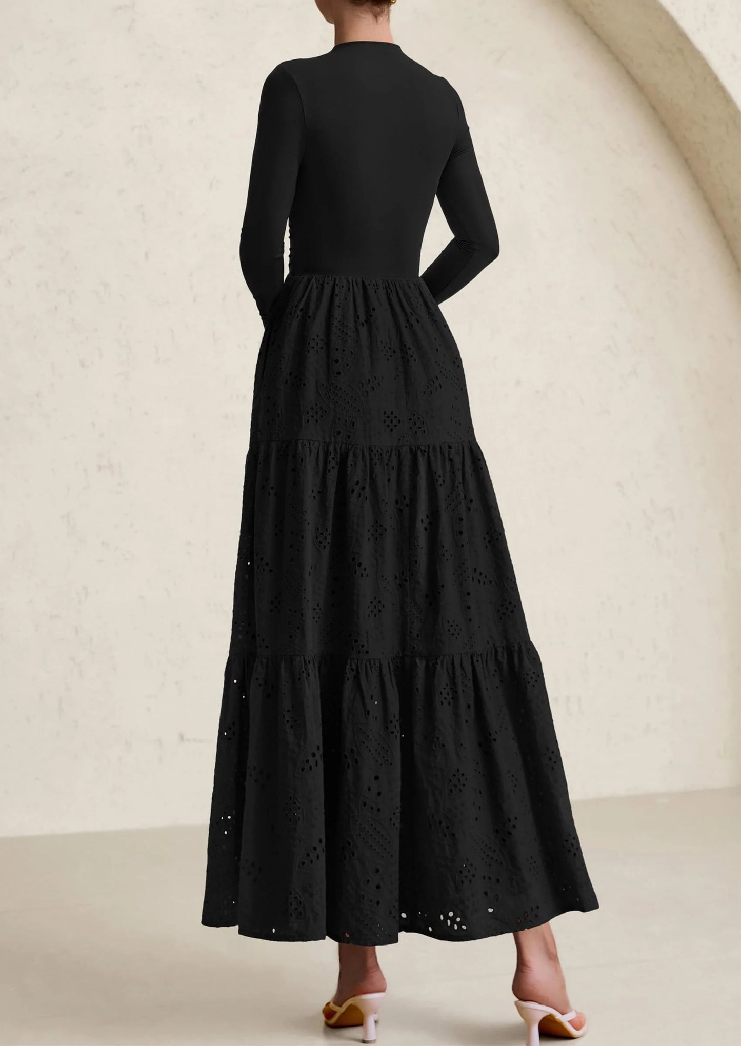 Long Sleeve Dress for Women Fall Eyelet Mock Neck A Line Elegant Classy Maxi Wedding Guest Dresses Pockets