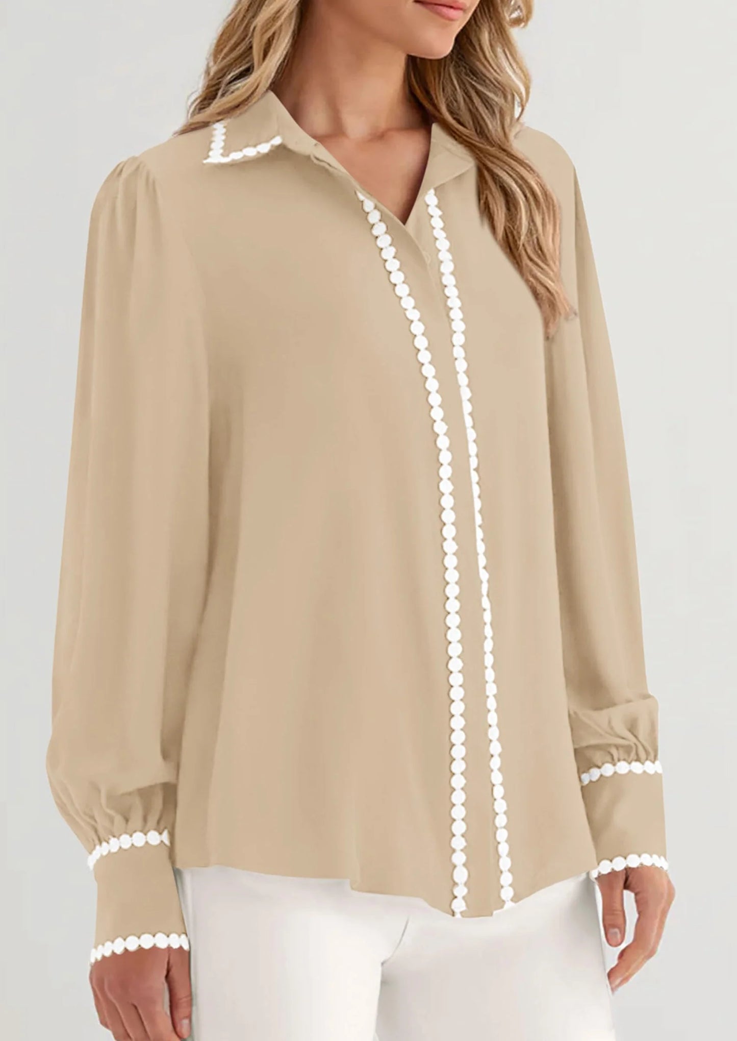 Womens Long Sleeve Button Down Shirts Trendy V Neck Loose Fit Fall Tops Collared Dressy Casual Blouses