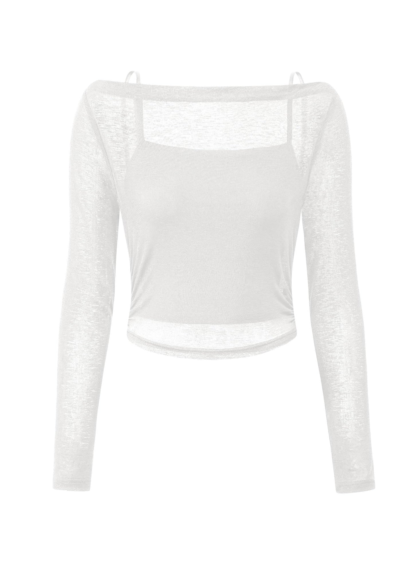 Women's Long Sleeve Sheer Crop Tops Boat Neck See Through Cover Up with Spaghetti Strap Camisole 2 Piece Blouses