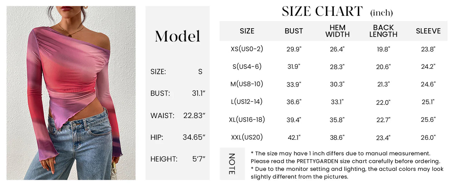 Womens Fall Trendy Off Shoulder Tops Tie Dye Mesh Long Sleeve Shirts Asymmetrical Ruched Floral Blouse