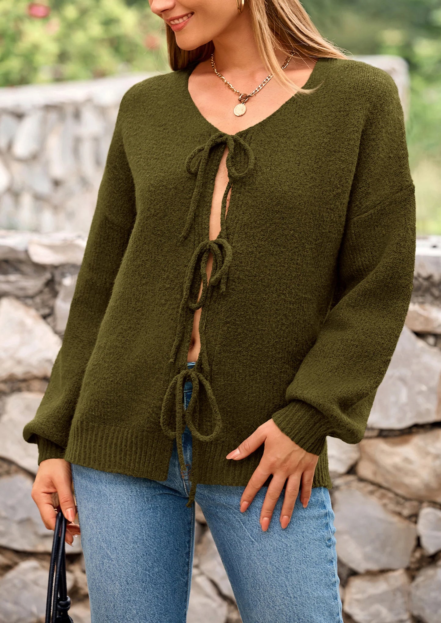 Women's Tie Front Bow Cardigan Sweaters Chunky Knit Long Puff Sleeve Trendy Fall Winter Jacket Coats