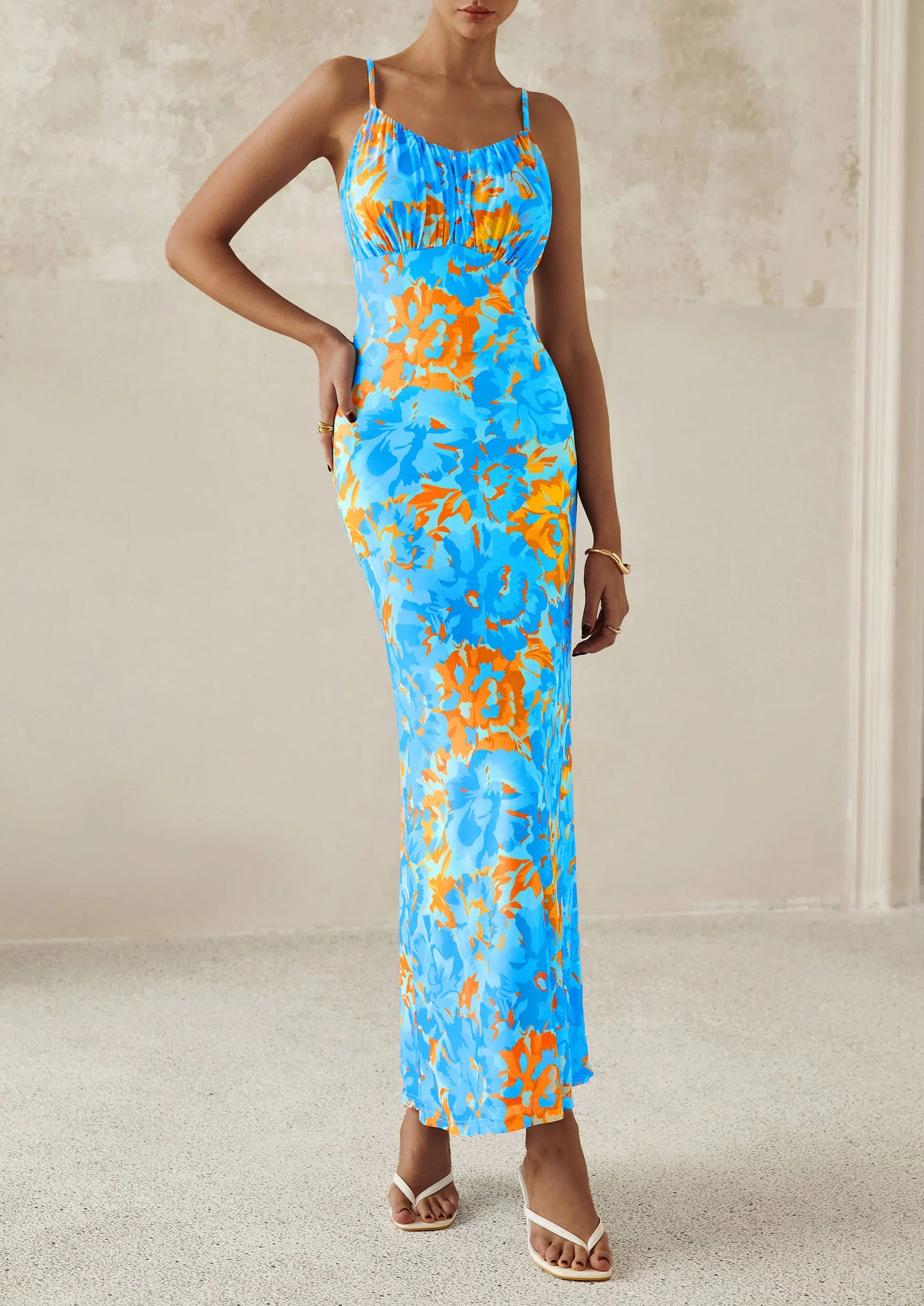 Women's Bodycon Maxi Dress Floral Sundress Sleeveless Spaghetti Strap Cocktail Party Dress