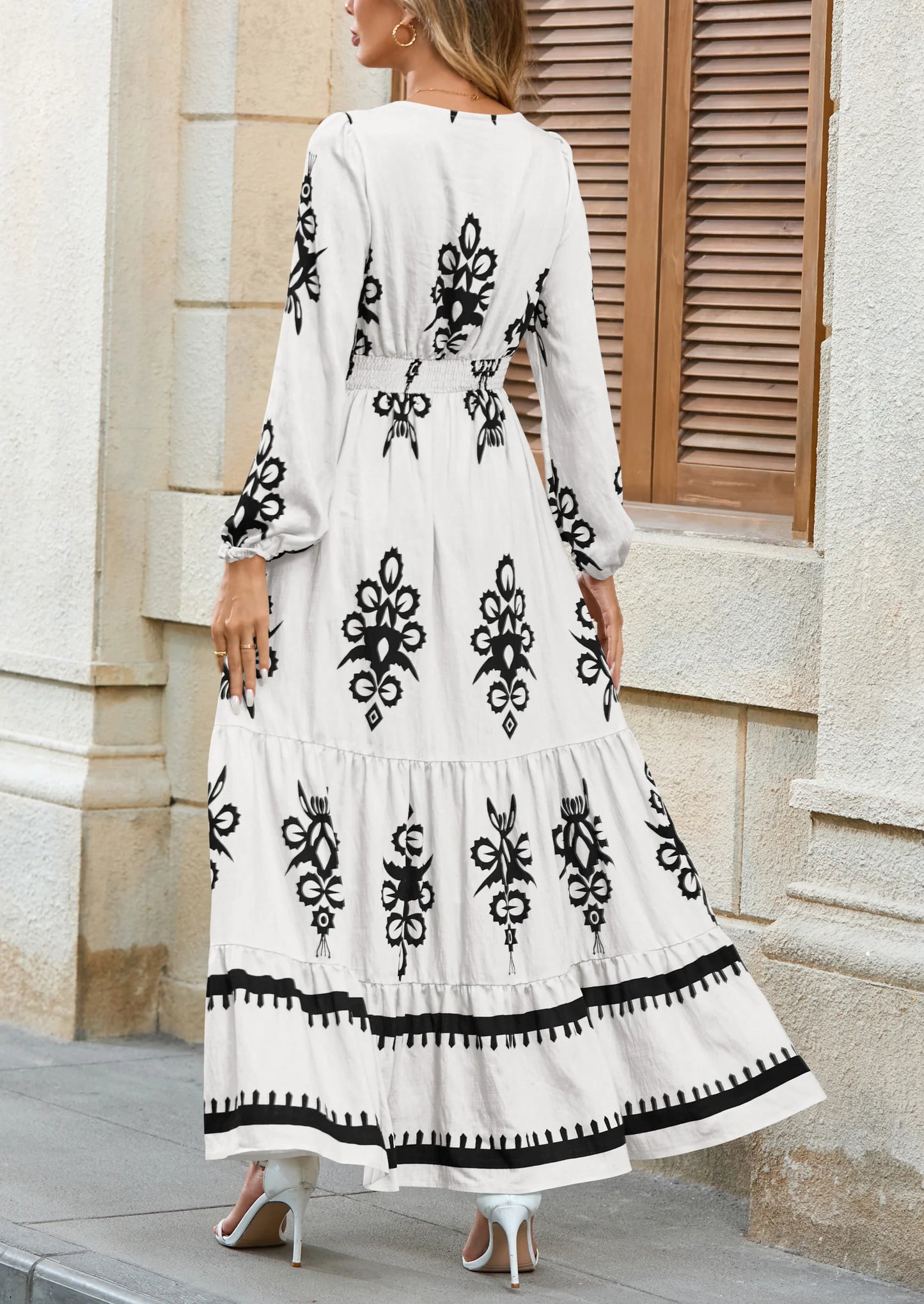 Women's Fall Wedding Guest Dresses Boho Floral Long Sleeve V Neck Flowy Elegant Maxi Dress Beach Clothes