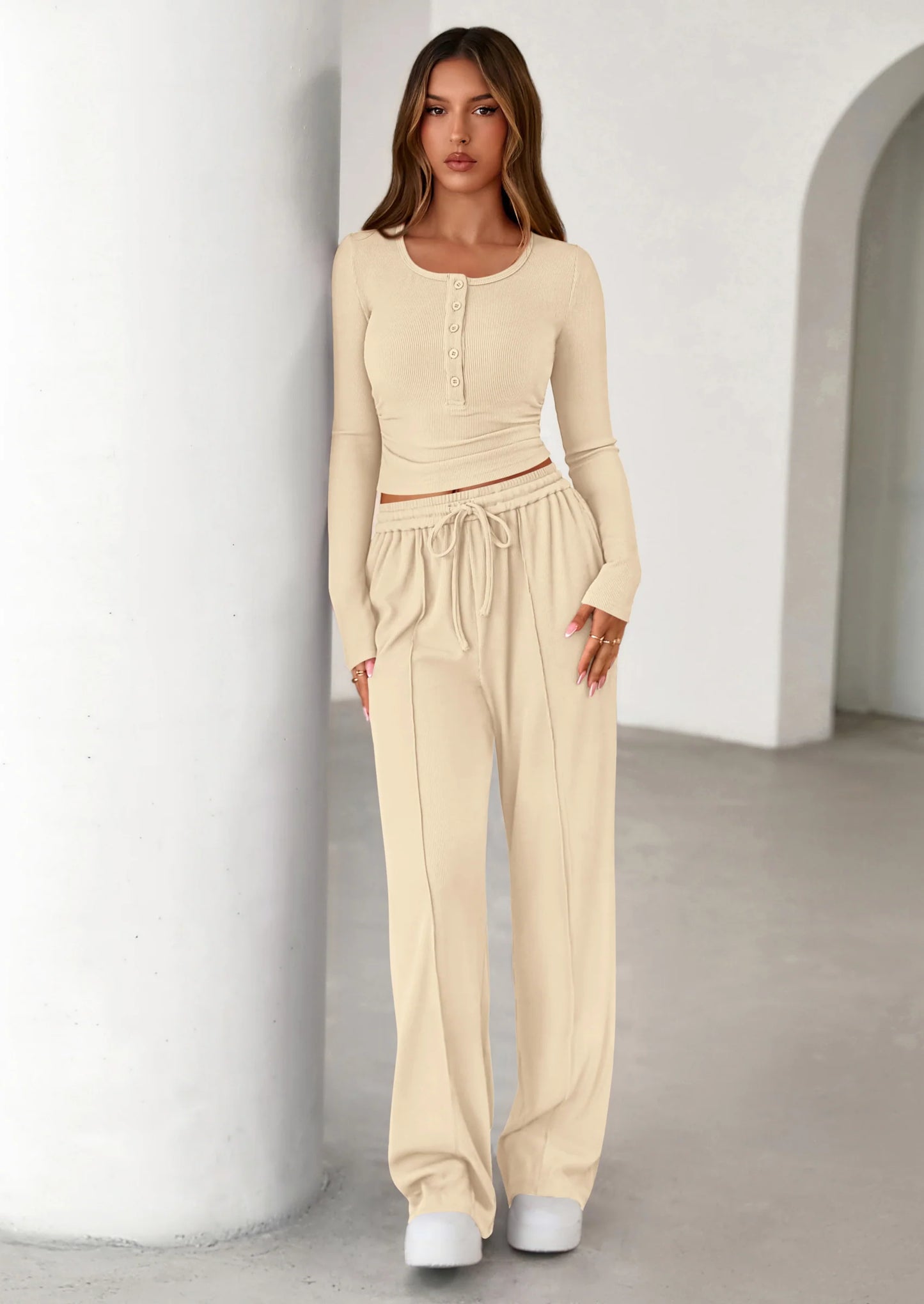 Women's Fall Trendy 2 Piece Outfits Lounge Sets Long Sleeve Top Henley Shirts Wide Leg Pants Travel Clothes