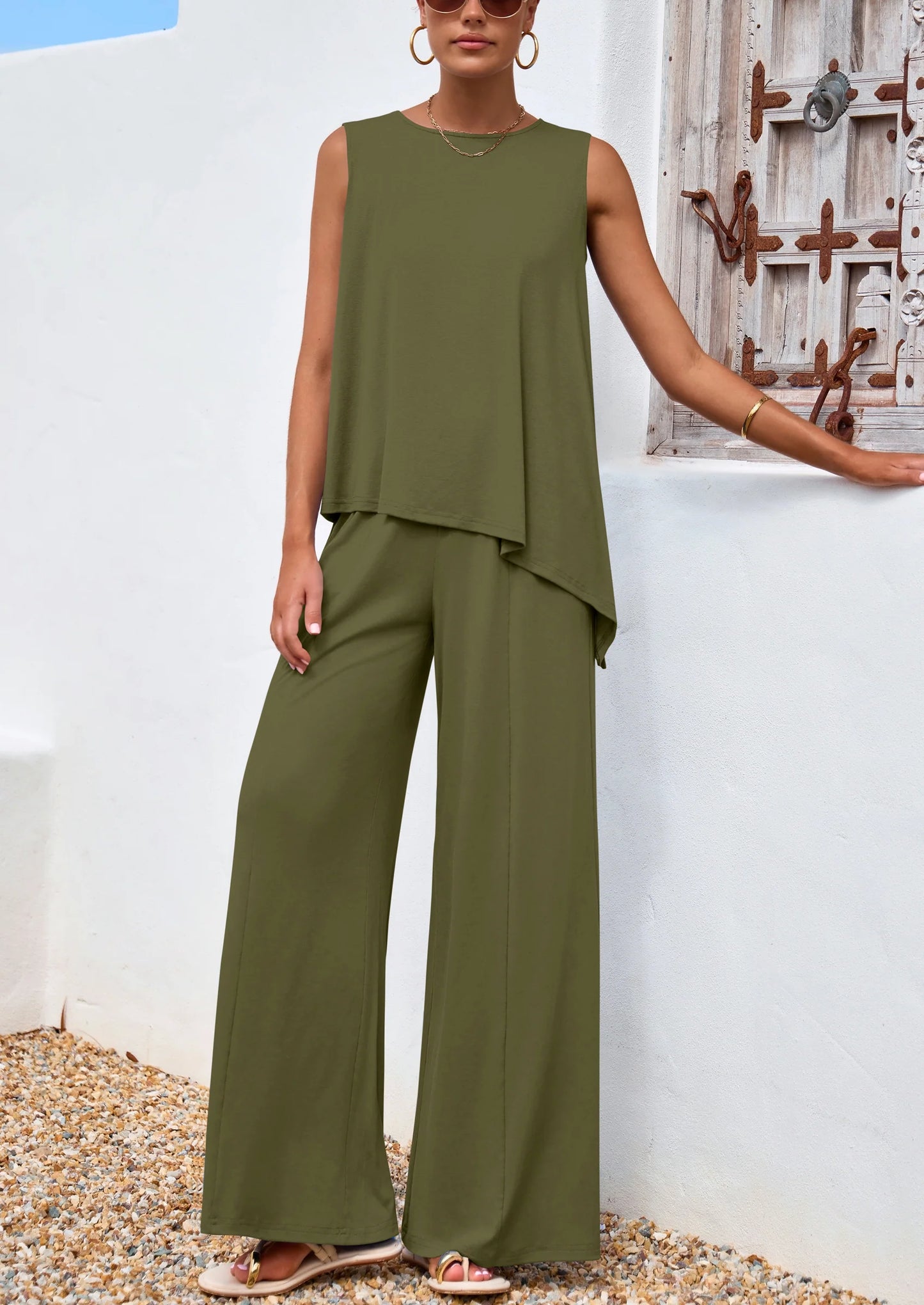 Women's Two Piece Matching Lounge Sets Asymmetrical Split Tank Tops Wide Leg Pants Summer Outfits Tracksuit