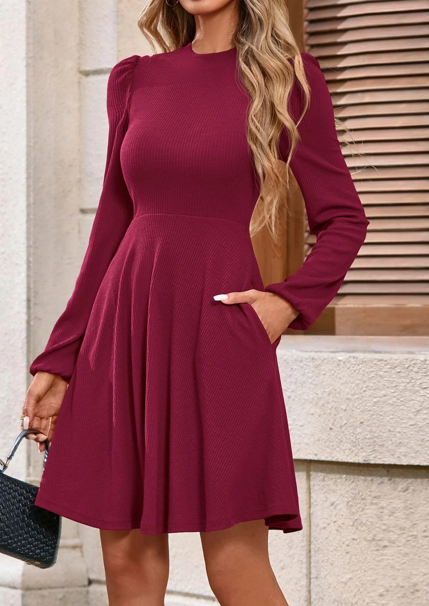 Womens Long Sleeve Mini Dress Fall Crewneck Ribbed Knit Soft A Line Flowy Casual Short Dresses with Pockets