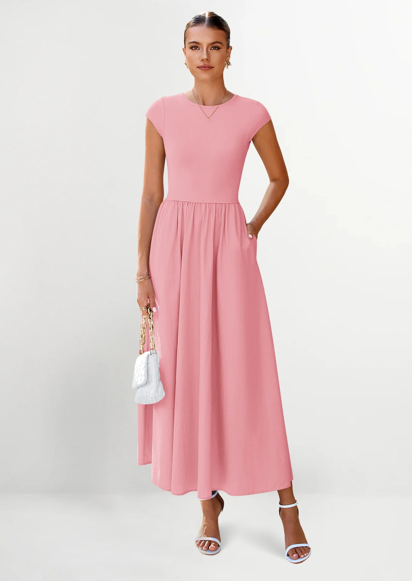 Women's Casual Long Dresses Cap Sleeve Patchwork A Line Flowy Modest Elegant Homecoming Maxi Dress