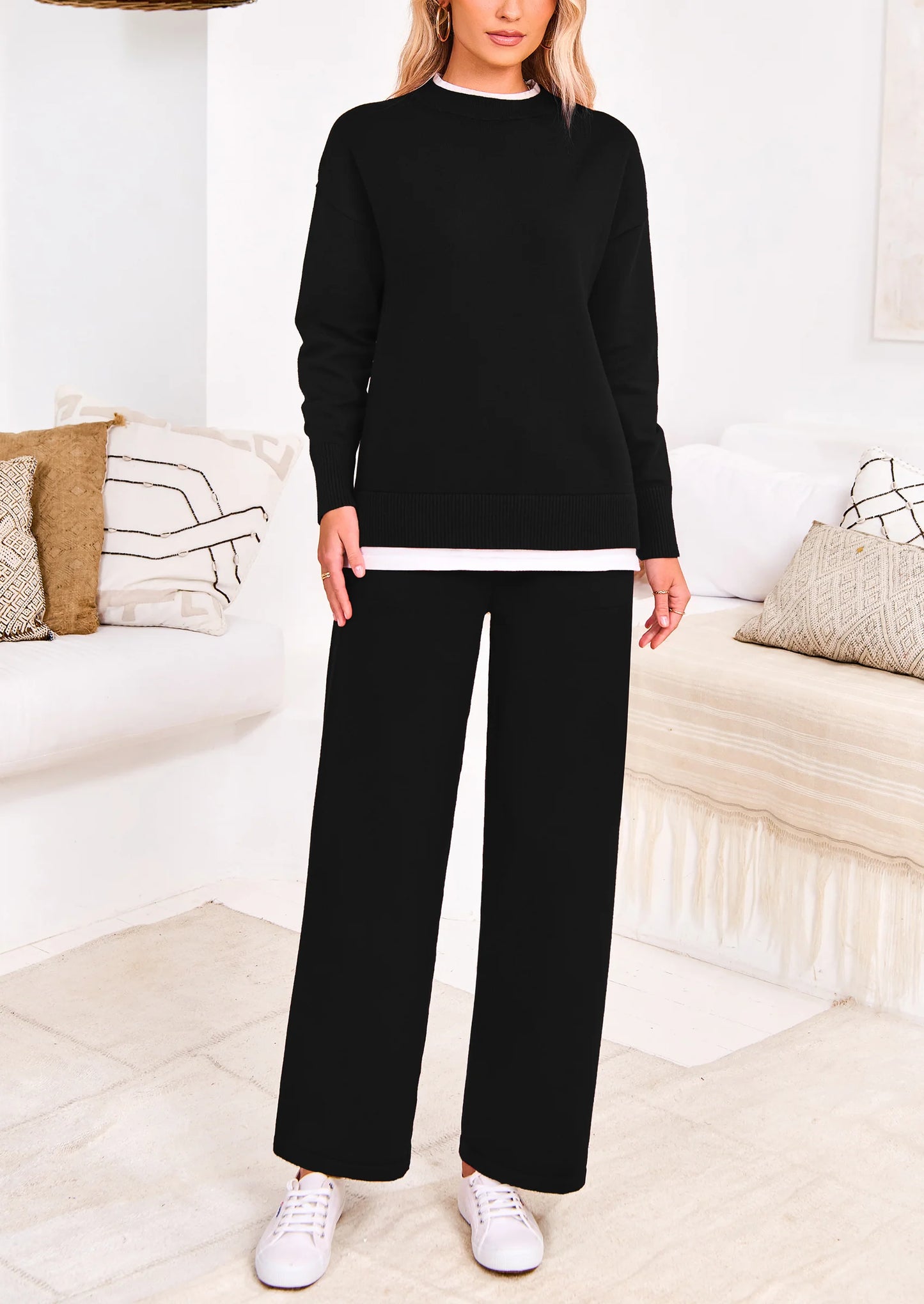 Two Piece Matching Sweater Lounge Sets Knit Long Sleeve Pullover Tops Wide Leg Pants