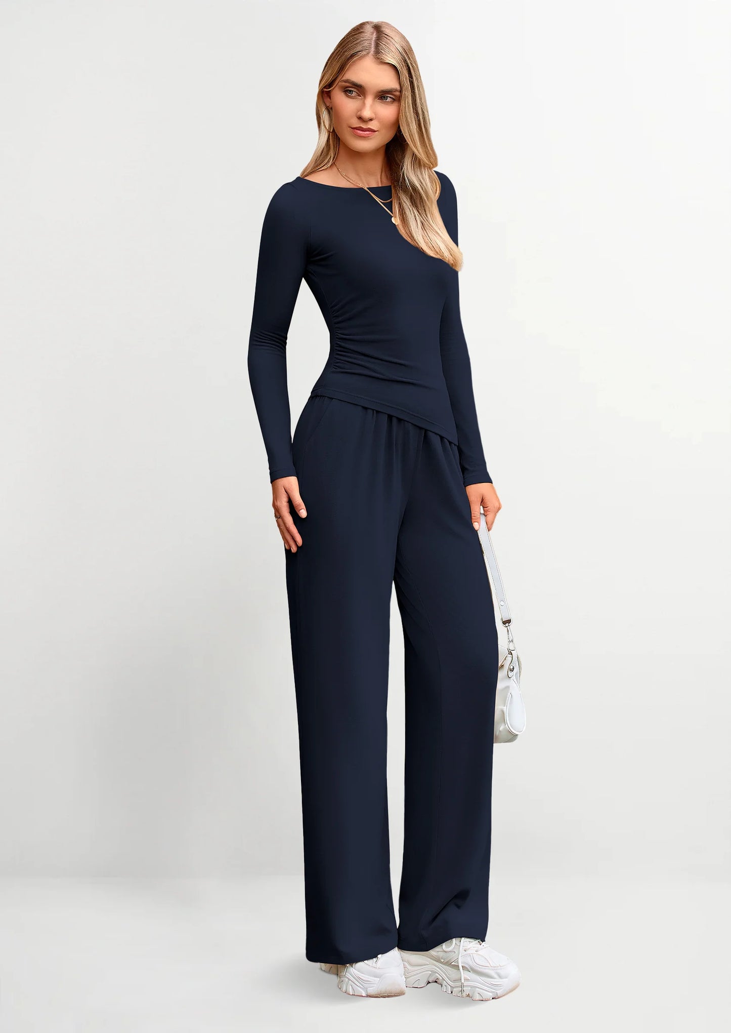 Women's 2 Piece Lounge Sets Asymmetrical Long Sleeve T Shirt Wide Leg Pants Casual Outfits Tracksuit