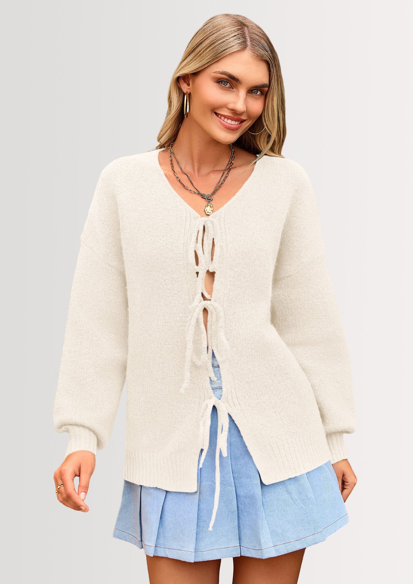 Women's Tie Front Bow Cardigan Sweaters Chunky Knit Long Puff Sleeve Trendy Fall Winter Jacket Coats