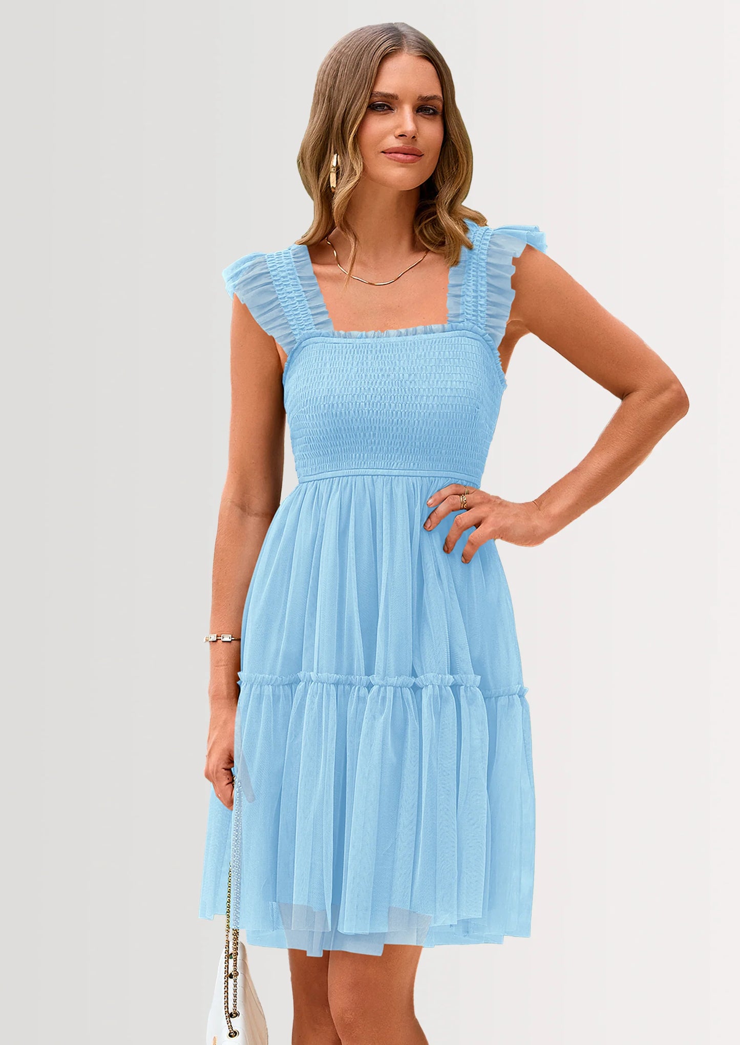 Womens Trendy Mini Summer Dresses Sleeveless Tulle Ruffle Square Neck Tiered Smocked Beach Vacation Dress