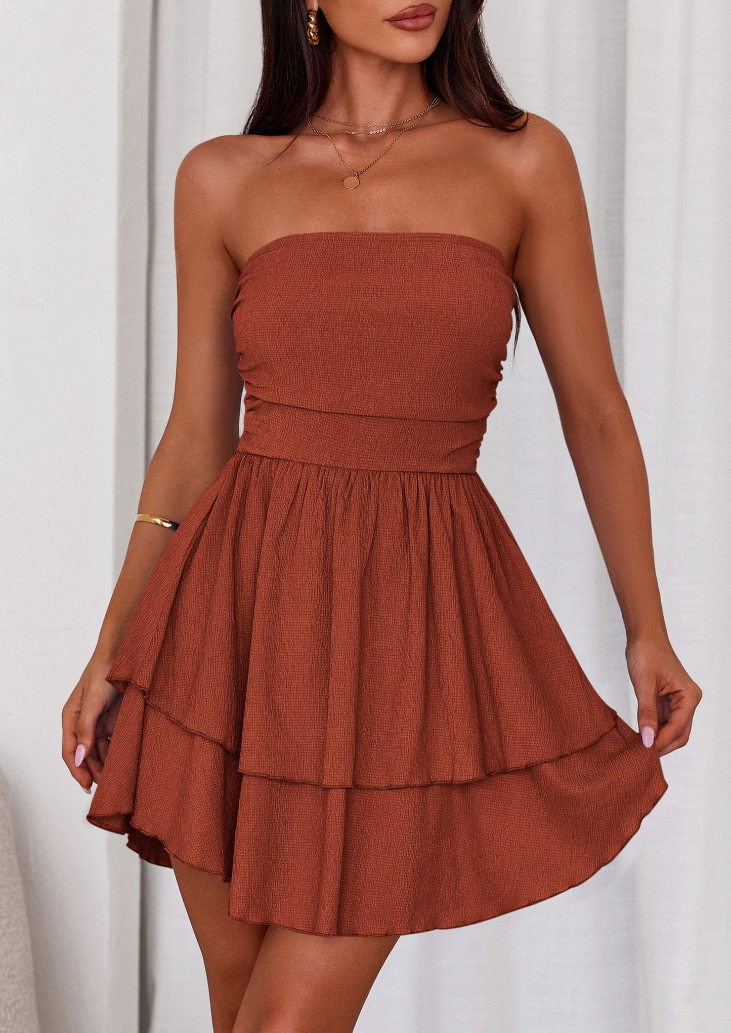 Women's Summer Strapless Tube Mini Dress Off Shoulder Smocked Ruffle A Line Flowy Short Party Club Dresses