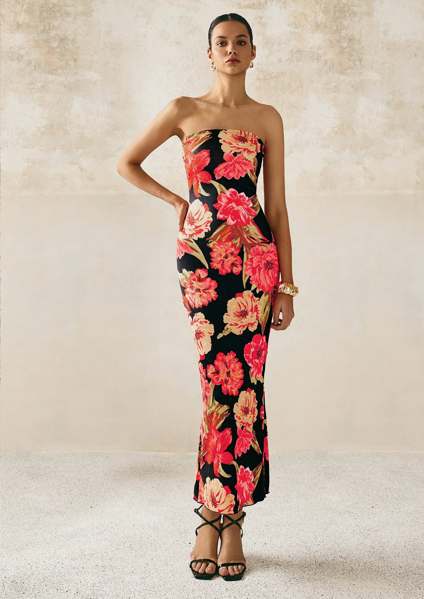 Women's Floral Bodycon Maxi Dresses Ribbed Strapless Tube Casual Boho Party Long Dress