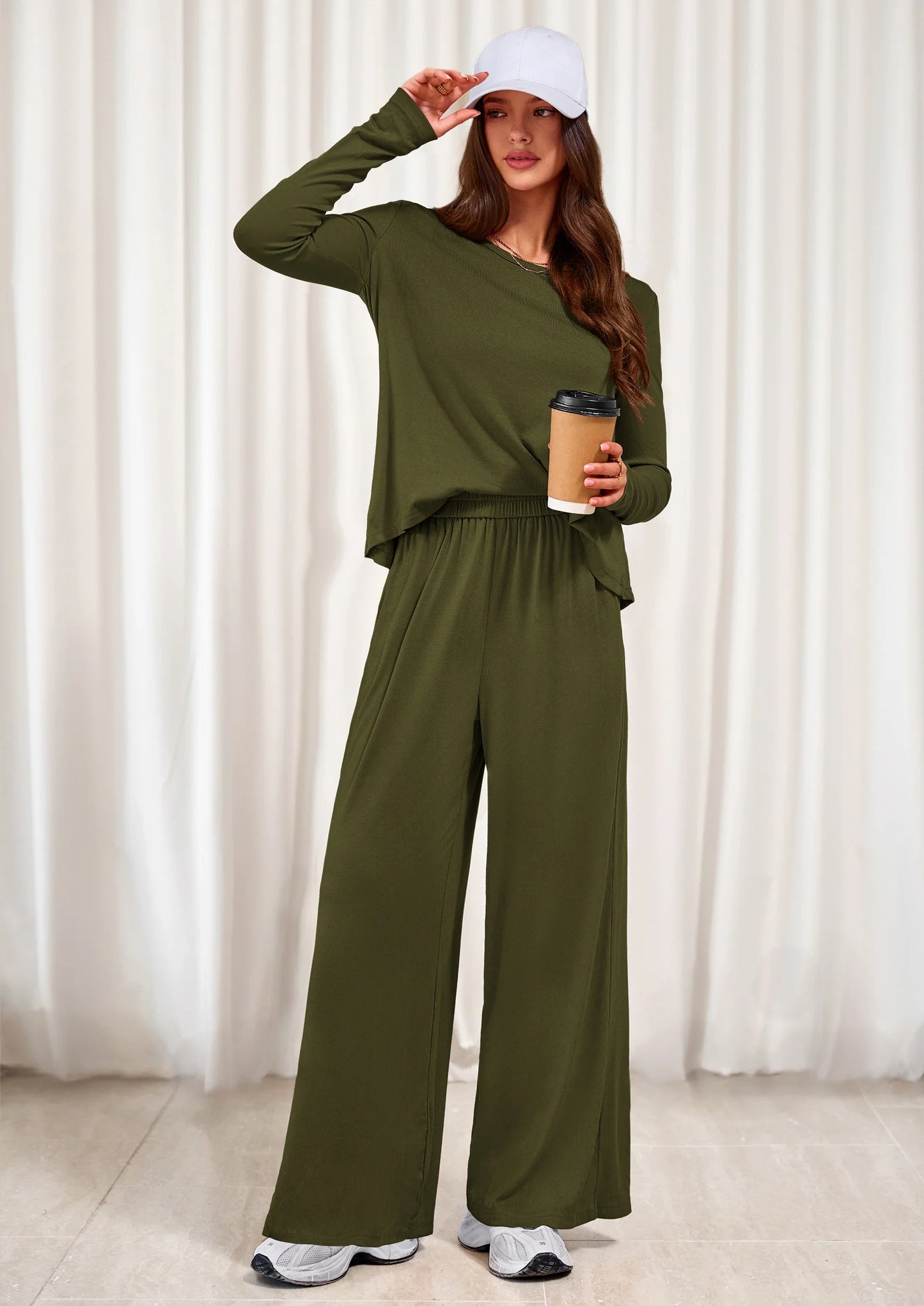 Women's 2 Piece Fall Sets  Casual Long Sleeve Shirts Wide Leg Pants Lounge Travel Outfits Fashion Clothing
