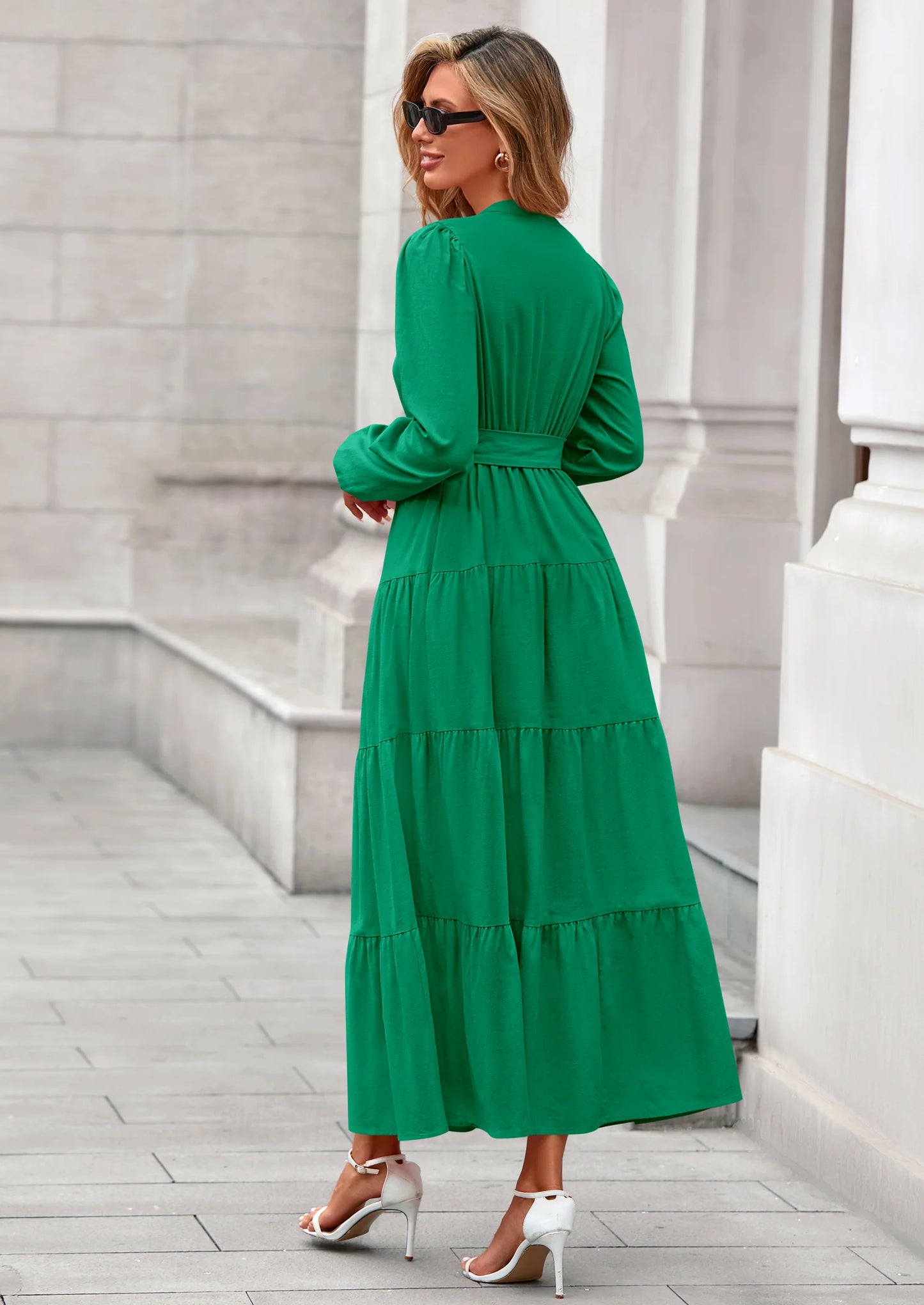 Fall Dresses for Women Long Sleeve V Neck Belted Ruffle A Line Flowy Boho Maxi Wedding Guest Dress Pockets
