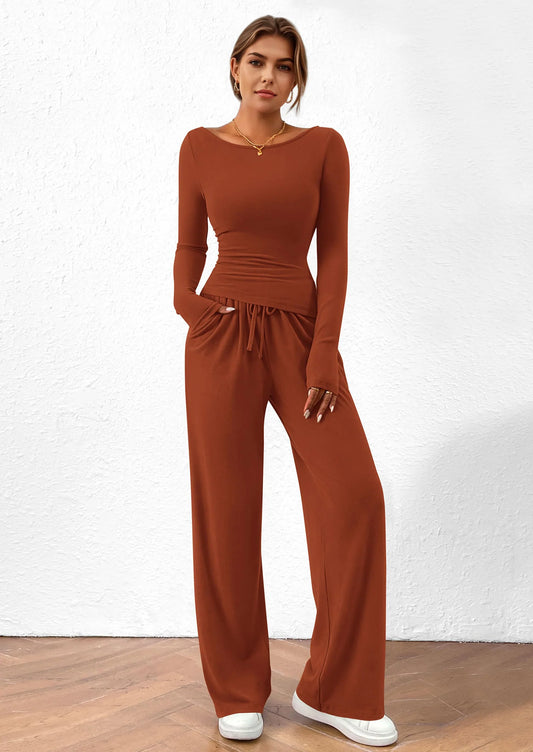 Women's 2 Piece Lounge Sets Asymmetrical Long Sleeve T Shirt Wide Leg Pants Casual Outfits Tracksuit