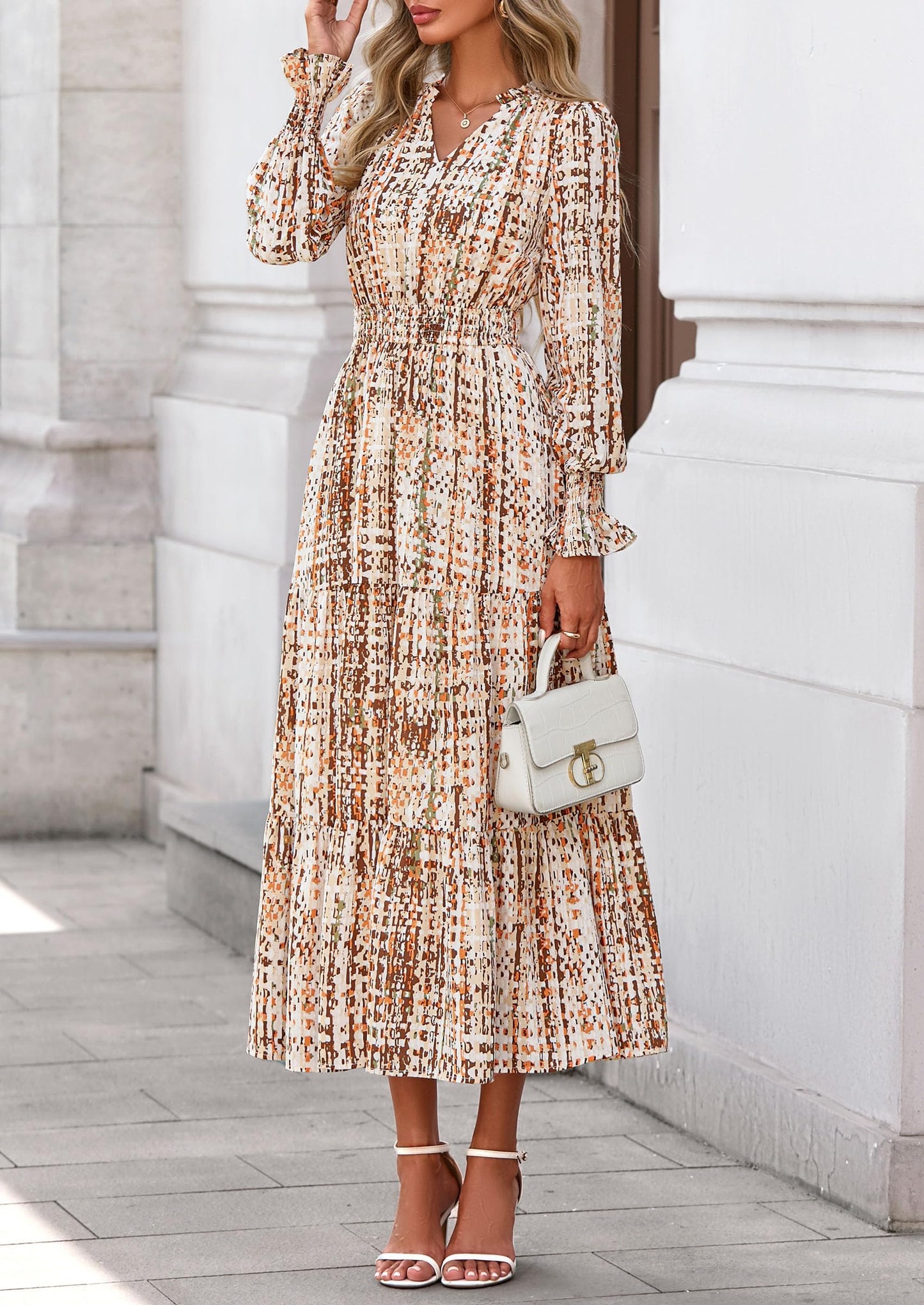 Women's Floral Maxi Dress Spring Long Sleeve V Neck Casual A Line Long Flowy Boho Party Dresses