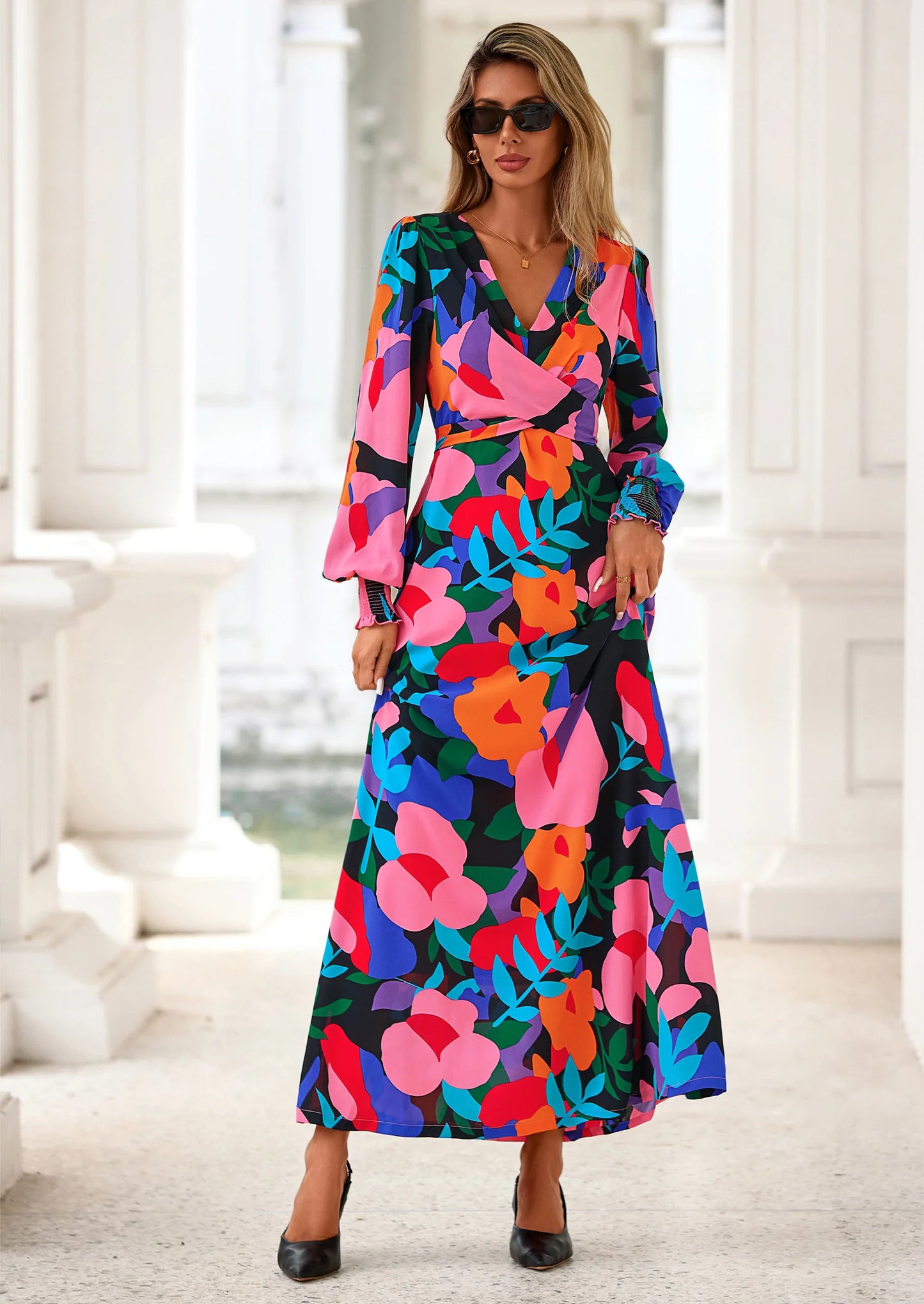 Women's Fall Boho Maxi Dress Floral Long Sleeve V Neck Flowy Belted Elegant Holiday Party Dresses