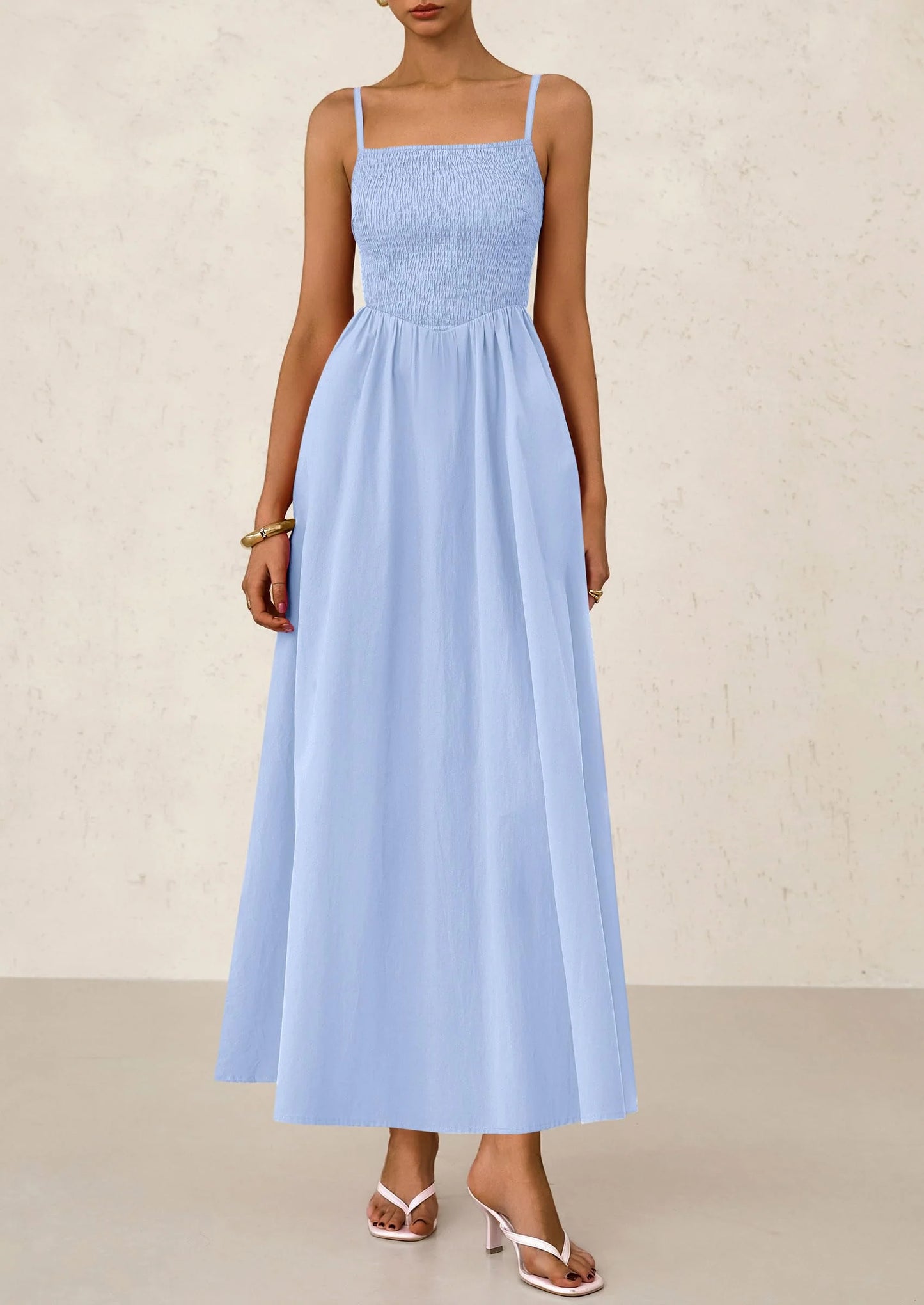 Women's Smocked Maxi Dresses Beach Sundress Casual Spaghetti Strap Swing A Line Long Flowy Dress