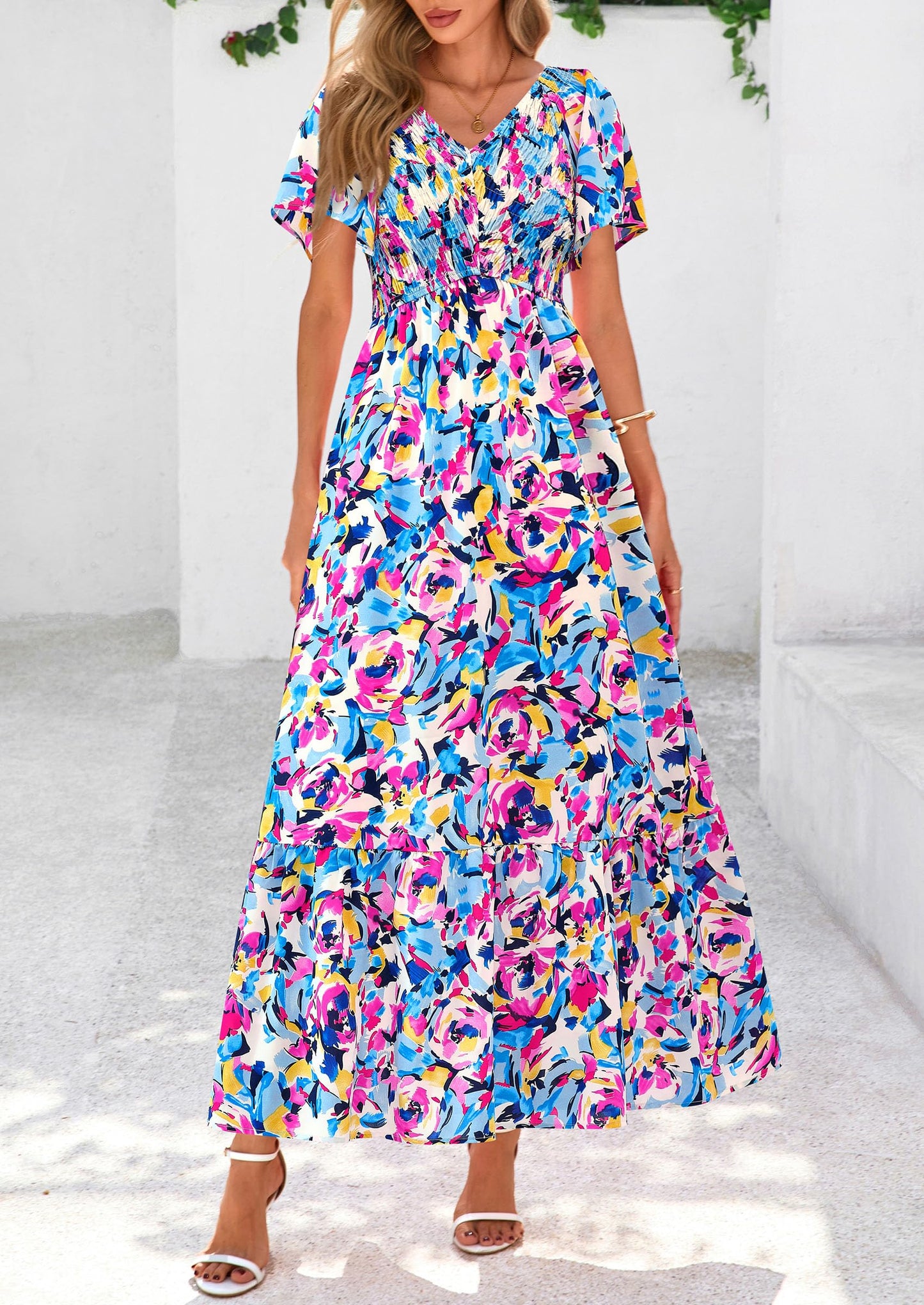 Women Floral Boho Maxi Dresses Short Sleeve V Neck Smocked A Line Long Flowy Beach Vacation Dress