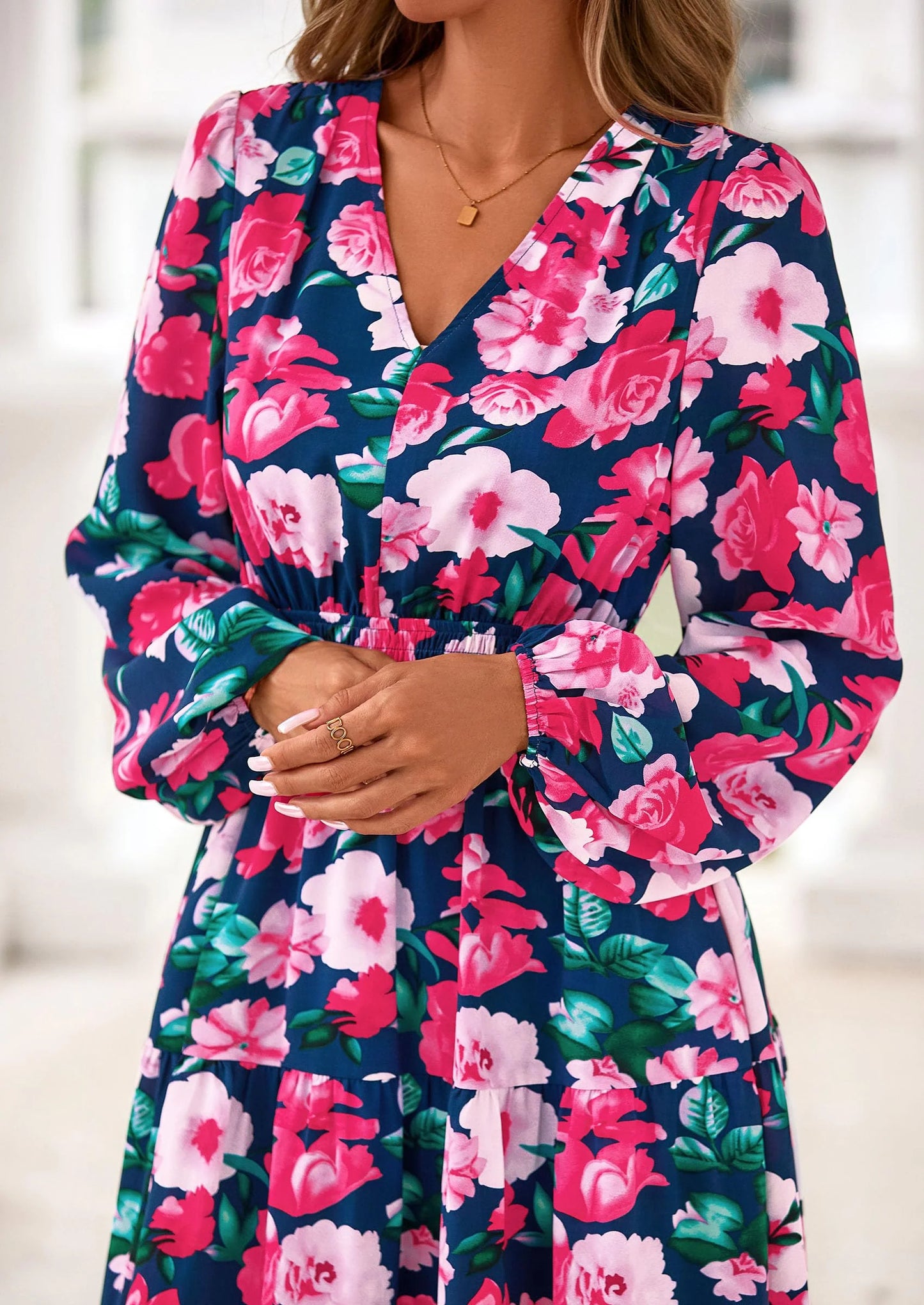 Long Sleeve Maxi Fall Dresses for Women Vneck Smocked Boho Floral Tiered Swing Flowy Wedding Guest Dress