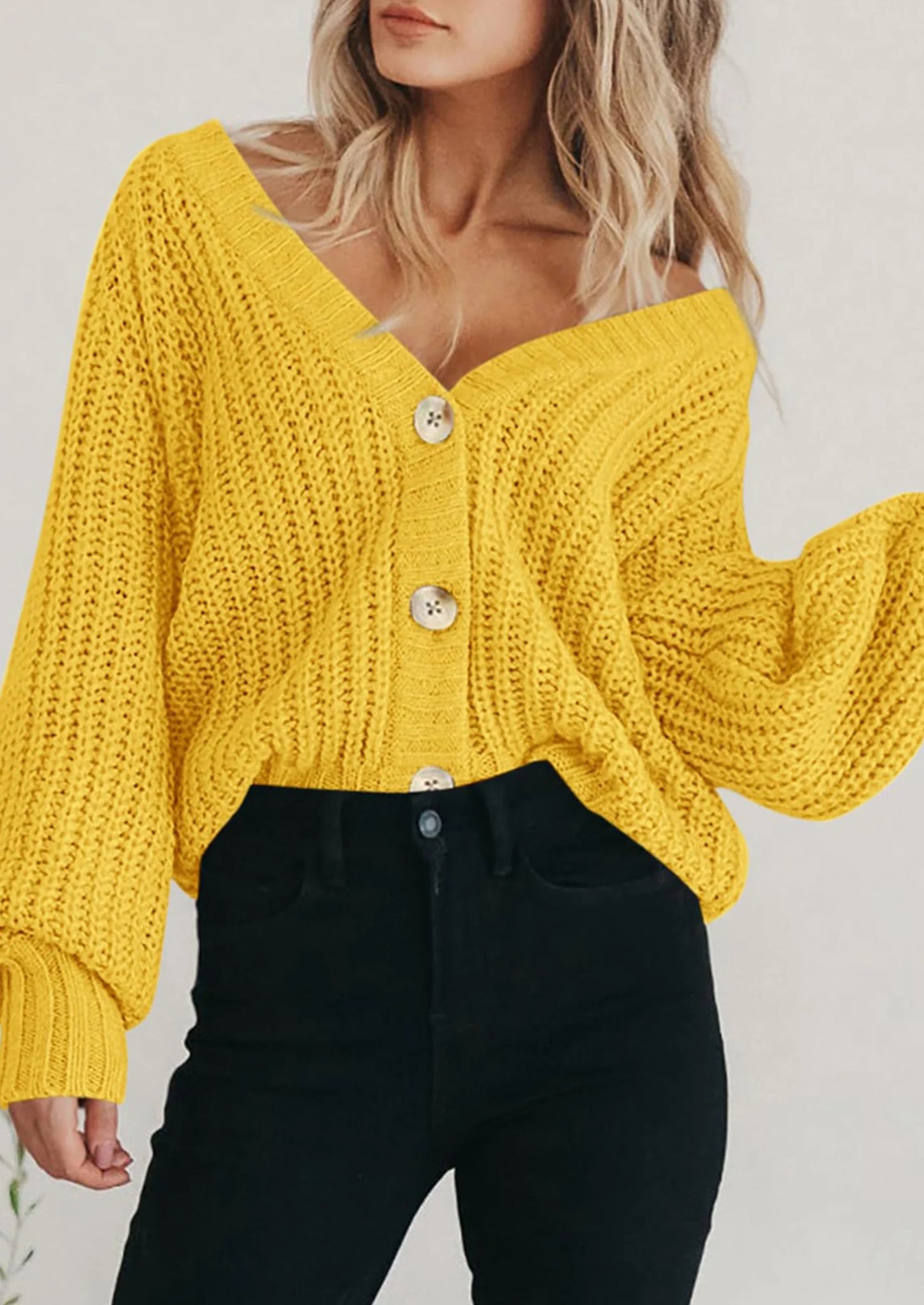 Women's Chunky Knit Open Front Sweater Long Sleeve Button Loose Short Cardigan Outerwear Coats