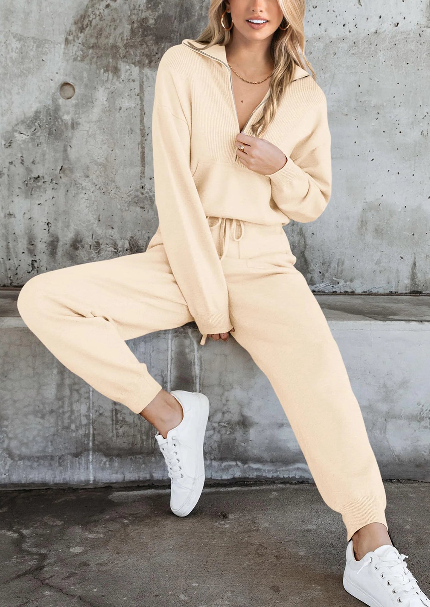 Women's 2 Piece Sweater Set Pullover Zip Up Sweatshirt Jogger Sweatpants Tracksuit Casual Outfit