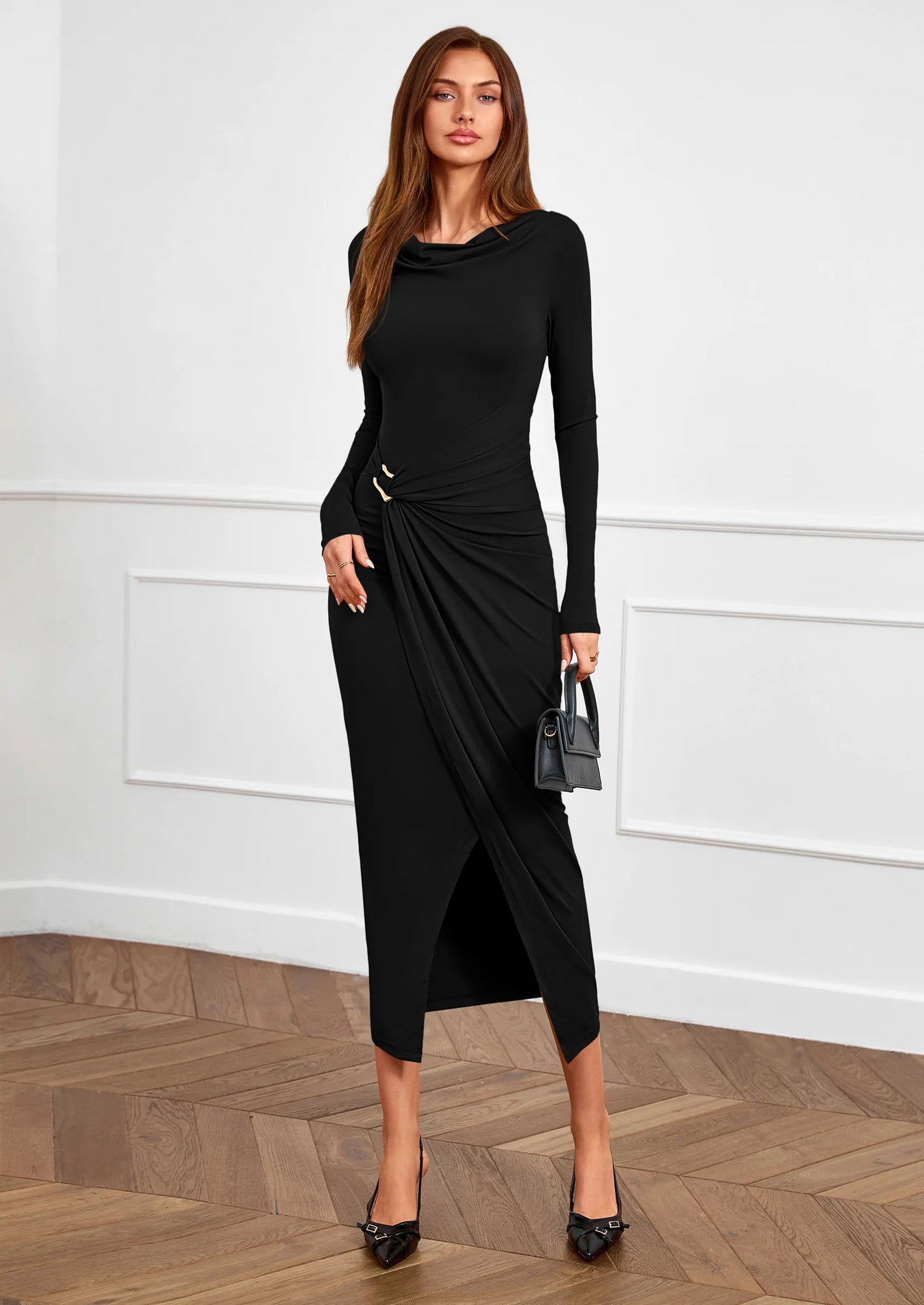 Women's Fall Wedding Guest Cocktail Midi Dresses Elegant Long Sleeve Bodycon Ruched Dress Fashion Clothing