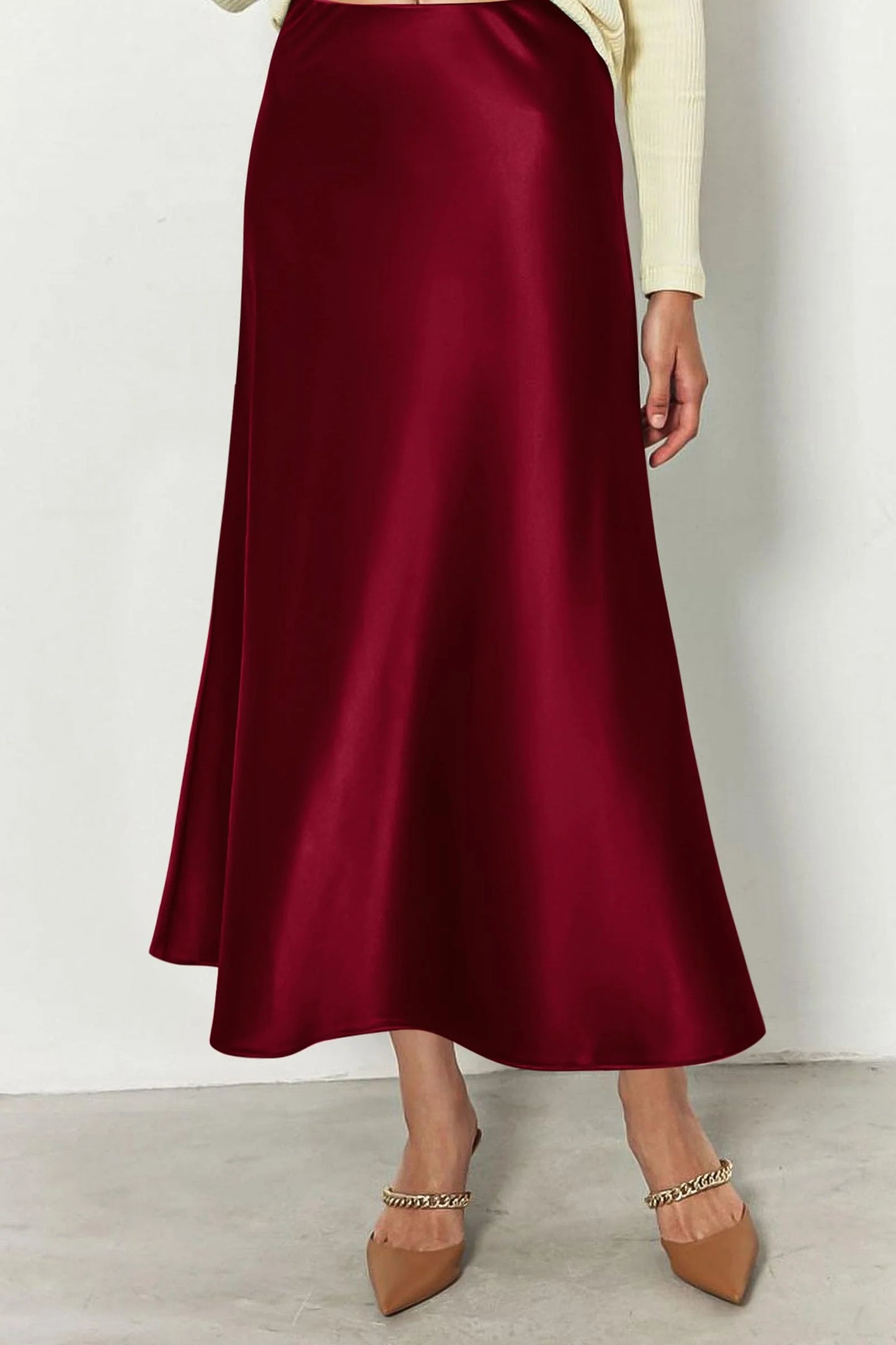 Women's Satin Skirts Dressy Casual Fall High Waisted Cocktail Wedding Flowy Elegant A Line Midi Skirt