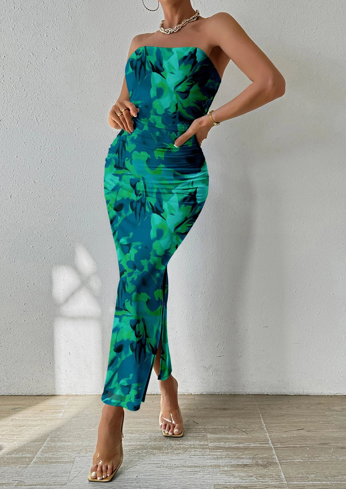 Women's Maxi Bodycon Dresses Strapless Tube Top Slit Floral Printed Party Club Long Dress