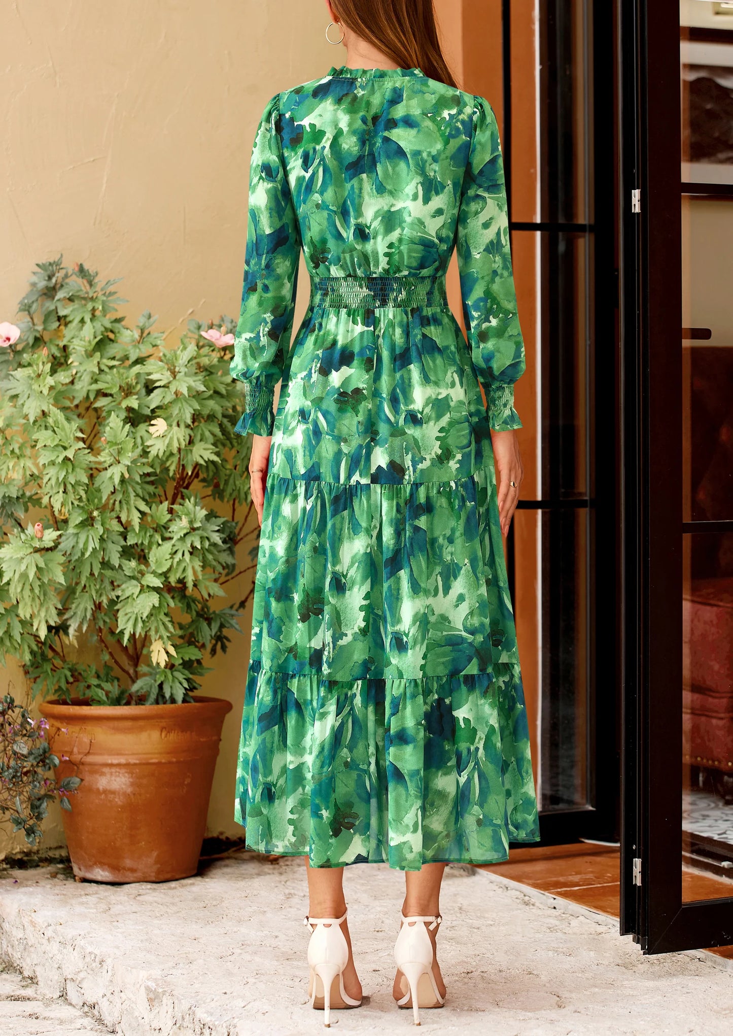 Women's Floral Maxi Dress Spring Long Sleeve V Neck Casual A Line Long Flowy Boho Party Dresses