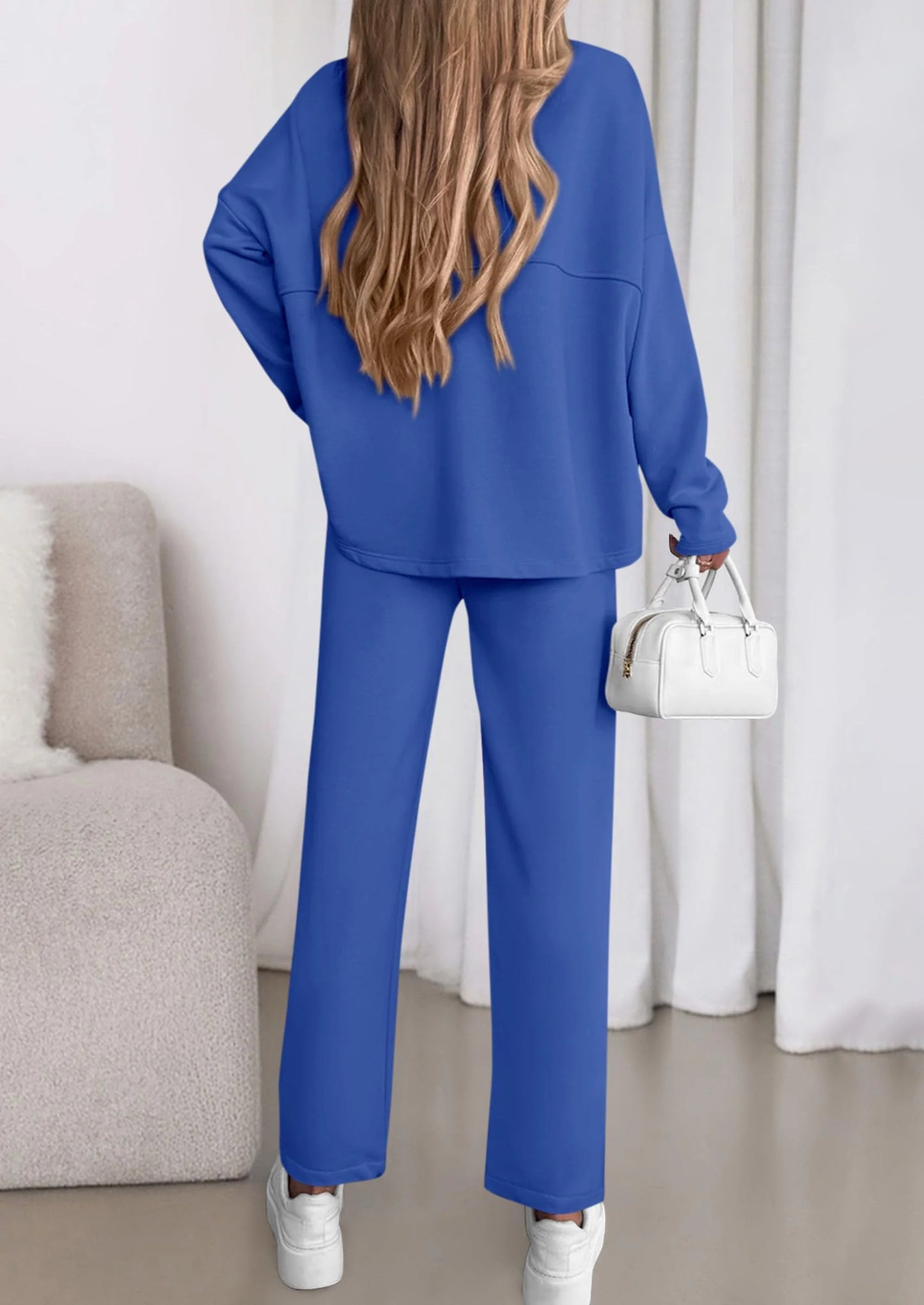 Womens 2 Piece Matching Lounge Sets Fall Long Sleeve Boatneck Sweatsuit Drawstring Sweatpants Pockets