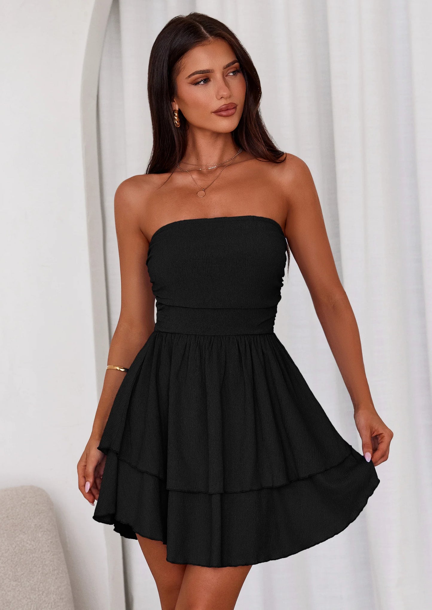 Women's Summer Strapless Tube Mini Dress Off Shoulder Smocked Ruffle A Line Flowy Short Party Club Dresses
