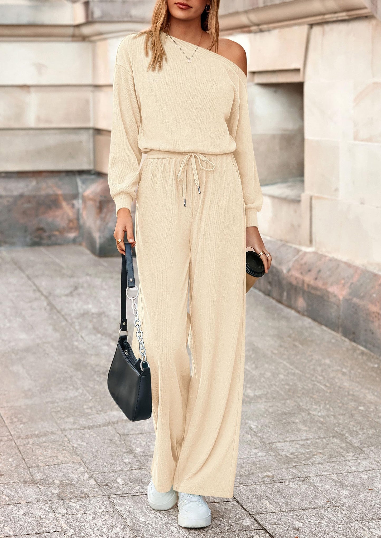 Long Sleeve Jumpsuit For Women Dressy Off Shoulder One Piece Loose Wide Leg Jumpsuits Casual Flowy Romper