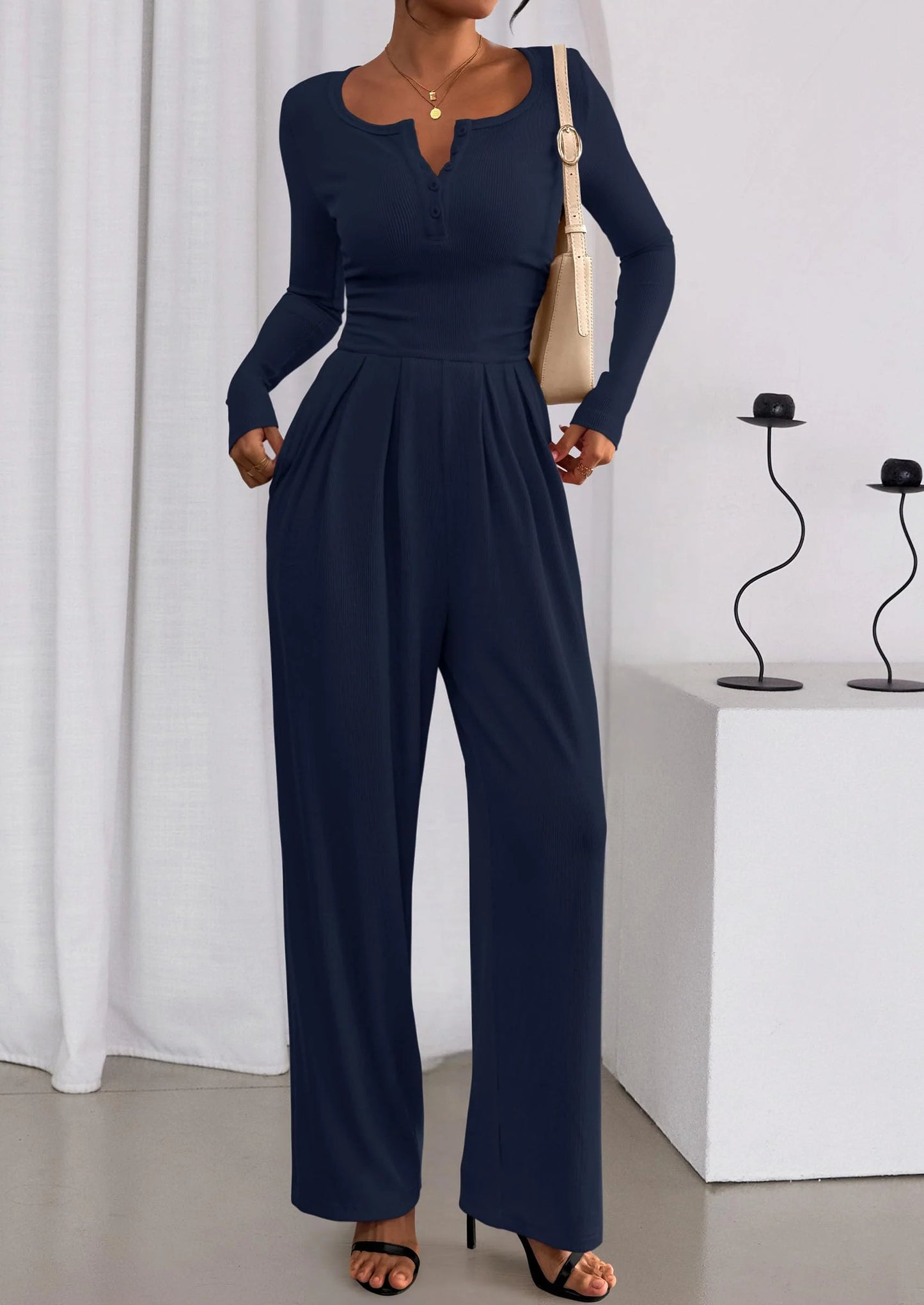 Jumpsuits for Women Dressy Casual Fall One Piece Outfits Long Sleeve Crew Neck Wide Leg Pants Rompers