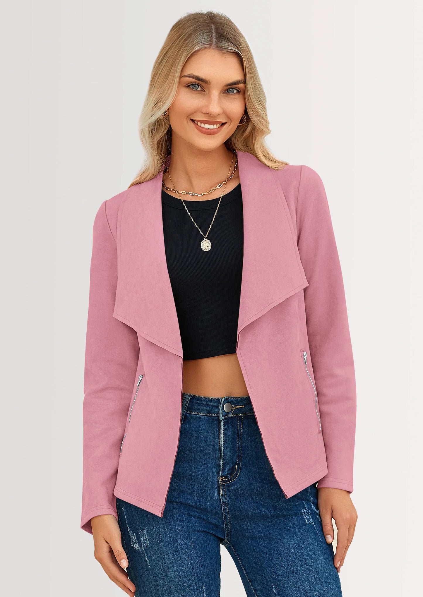 Women's Faux Suede Jackets Fashion Fall Clothes Long Sleeve Open Front Cropped Coat Outwear