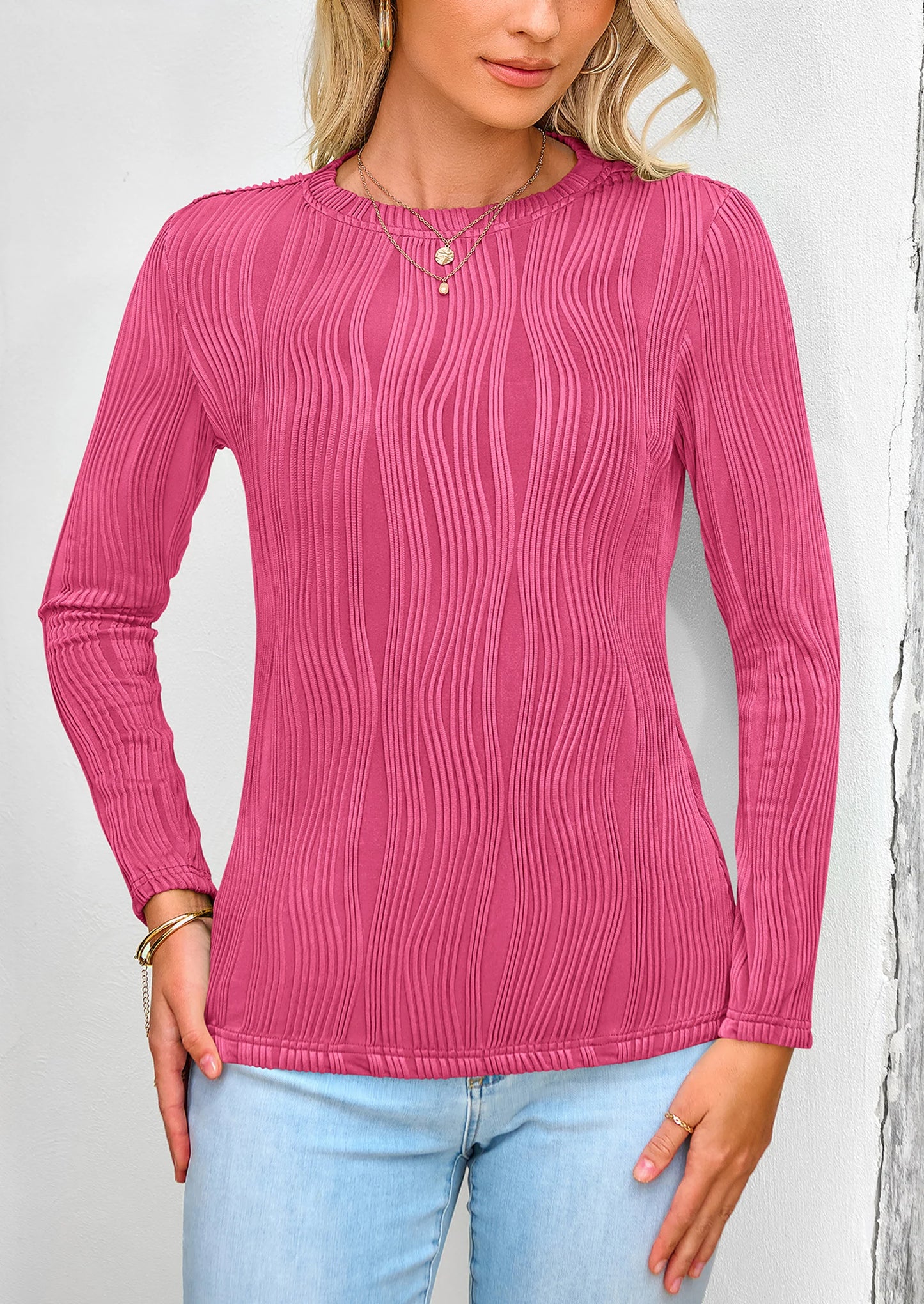 Long Sleeve Tops for Women Spring Fall Trendy Business Dressy Casual Shirts Crewneck Textured Blouse