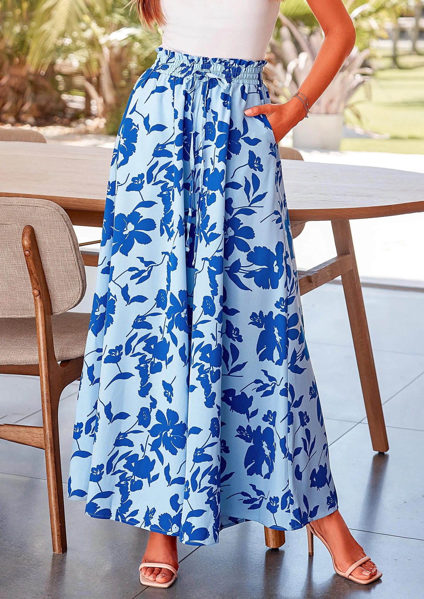 Women's Summer Wide Leg Palazzo Pants High Waisted Flowy Pockets Trendy Casual Lounge Boho Beach Trousers