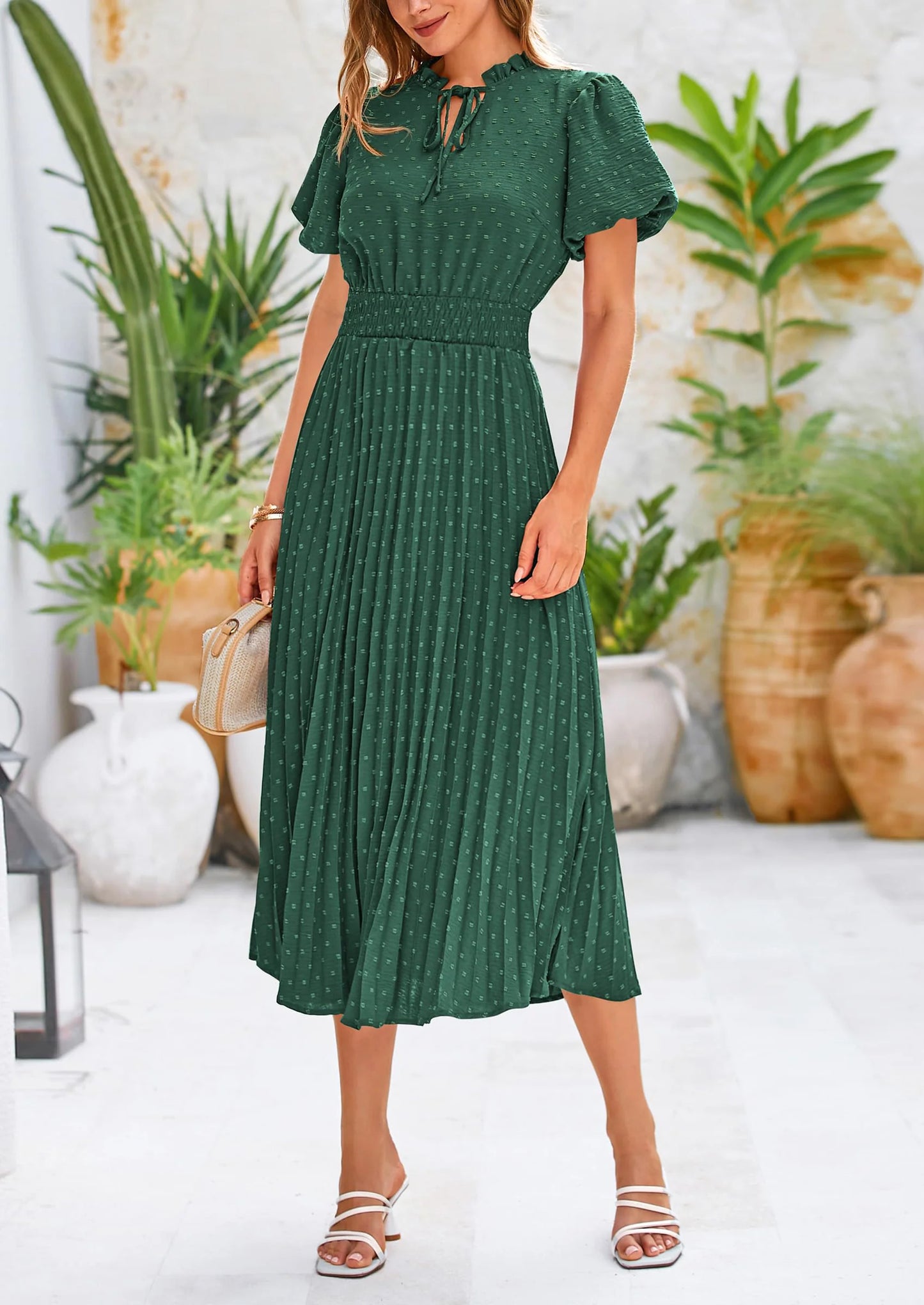 Womens Midi Dresses Puff Short Sleeve V Neck Swiss Dot Pleated A Line Flowy Long Wedding Guest Dress