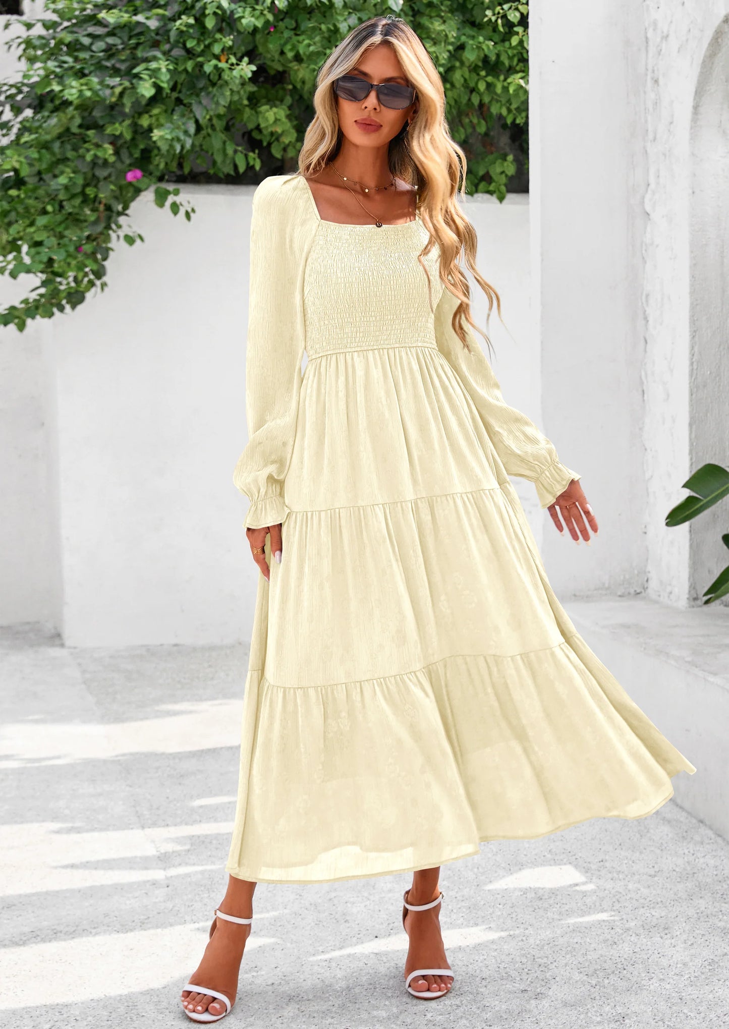 Fall Wedding Guest Dresses for Women Floral Long Sleeve Smocked Tiered Elegant Long Flowy Boho Dress
