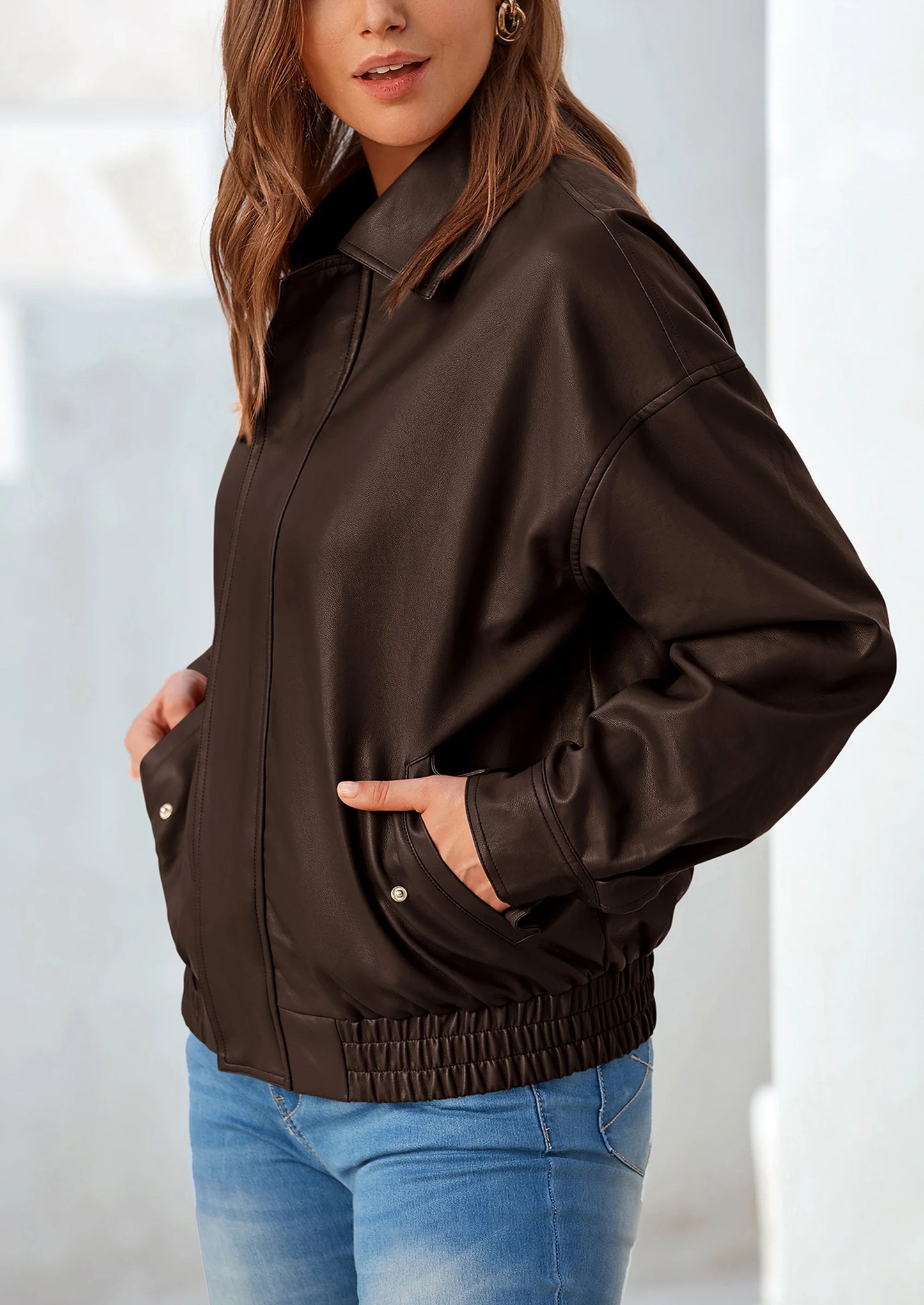 Women's Faux Leather Motorcycle Jacket Trendy Fall Spring Clothes Oversized Zip Up Winter Coat Outerwear
