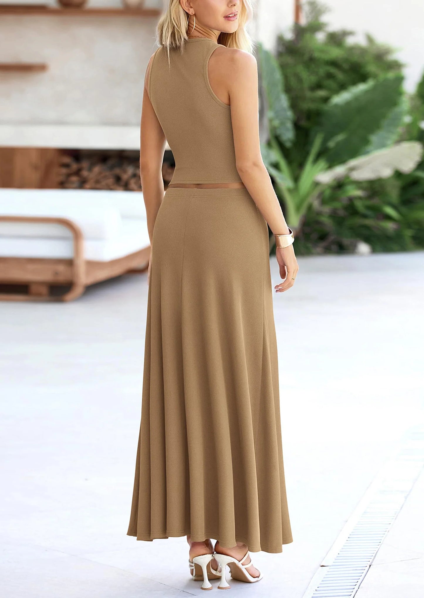 2 Piece Maxi Skirt Sets Casual Knit Cropped Tank Top High Waisted Long Skirts Outfit